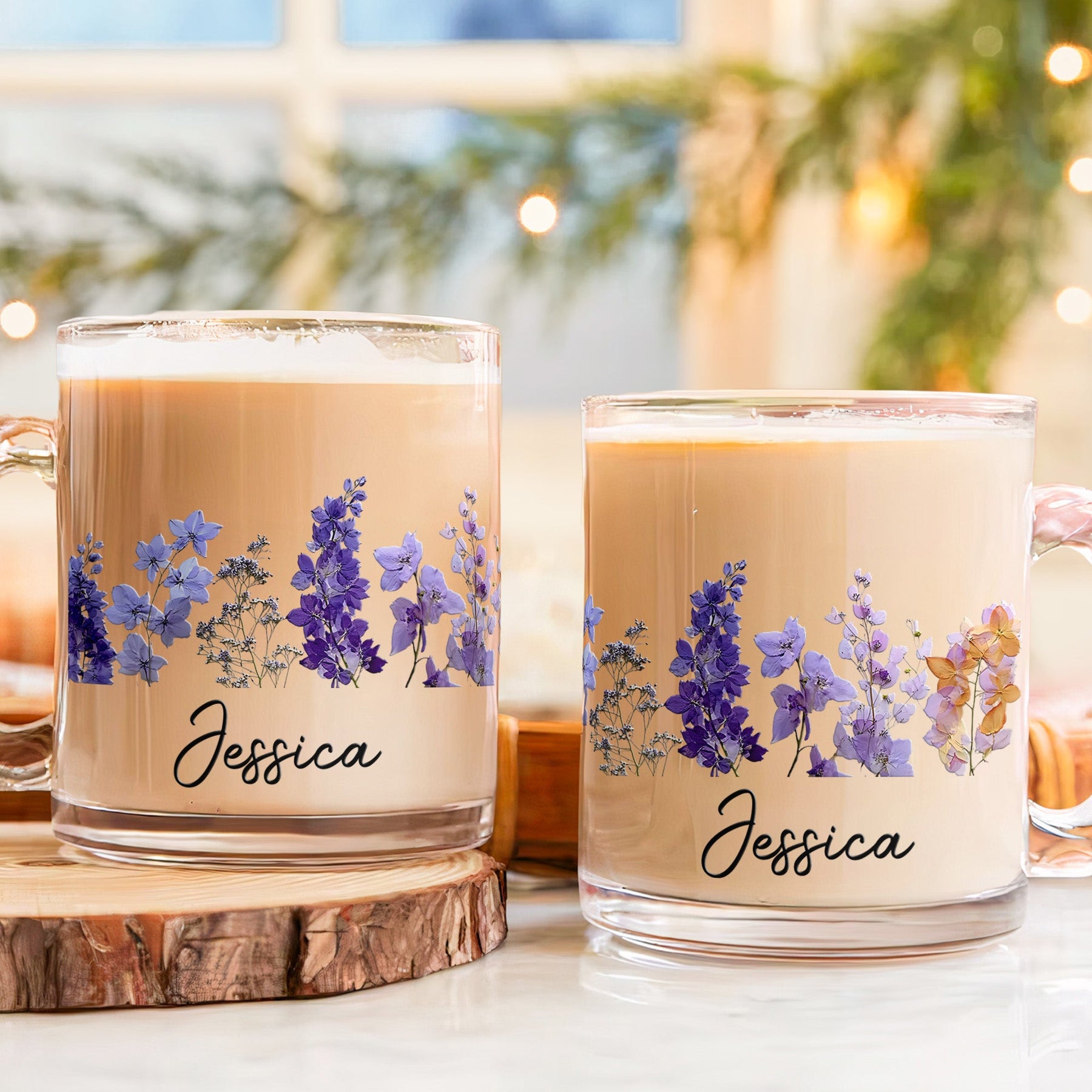 Custom Name & Birth Flower Faux Pressed Flower - Personalized Glass Mug