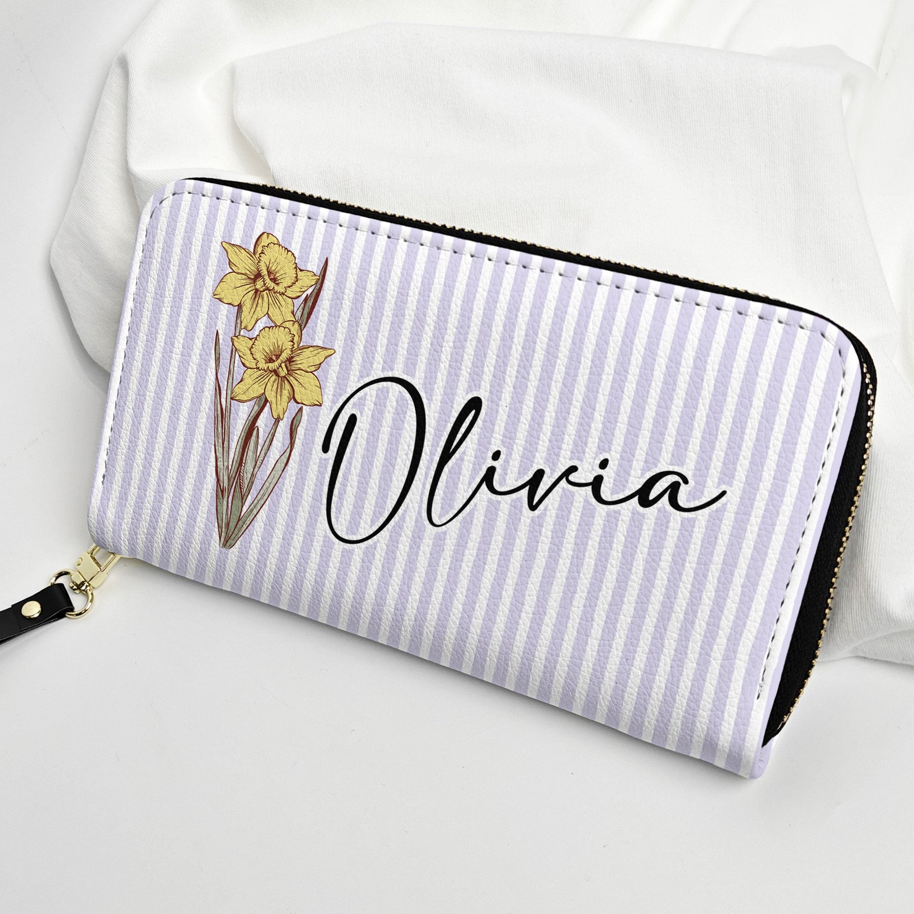Custom Name & Birth Flower Gift For Her - Personalized Leather Long Wallet