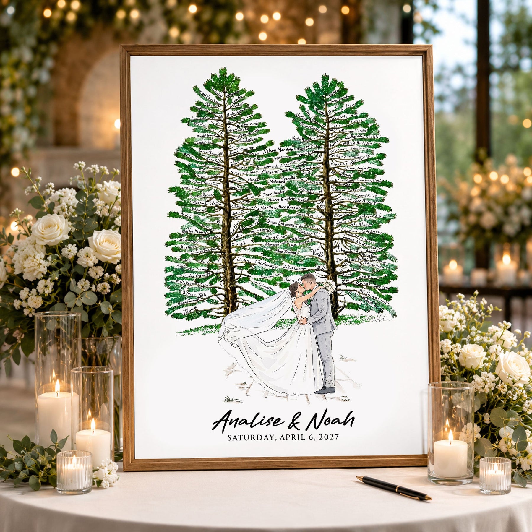 Custom Wedding Venue Guest Book Alternative Pine Tree Art, Couple Portrait Photo Wedding Sign - Personalized Poster