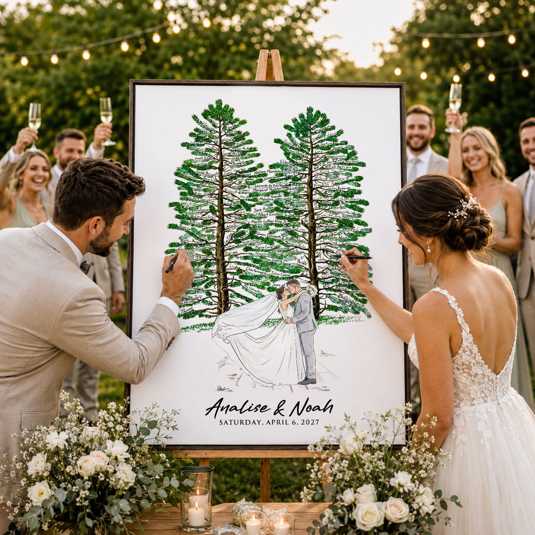 Custom Wedding Venue Guest Book Alternative Pine Tree Art, Couple Portrait Photo Wedding Sign - Personalized Poster
