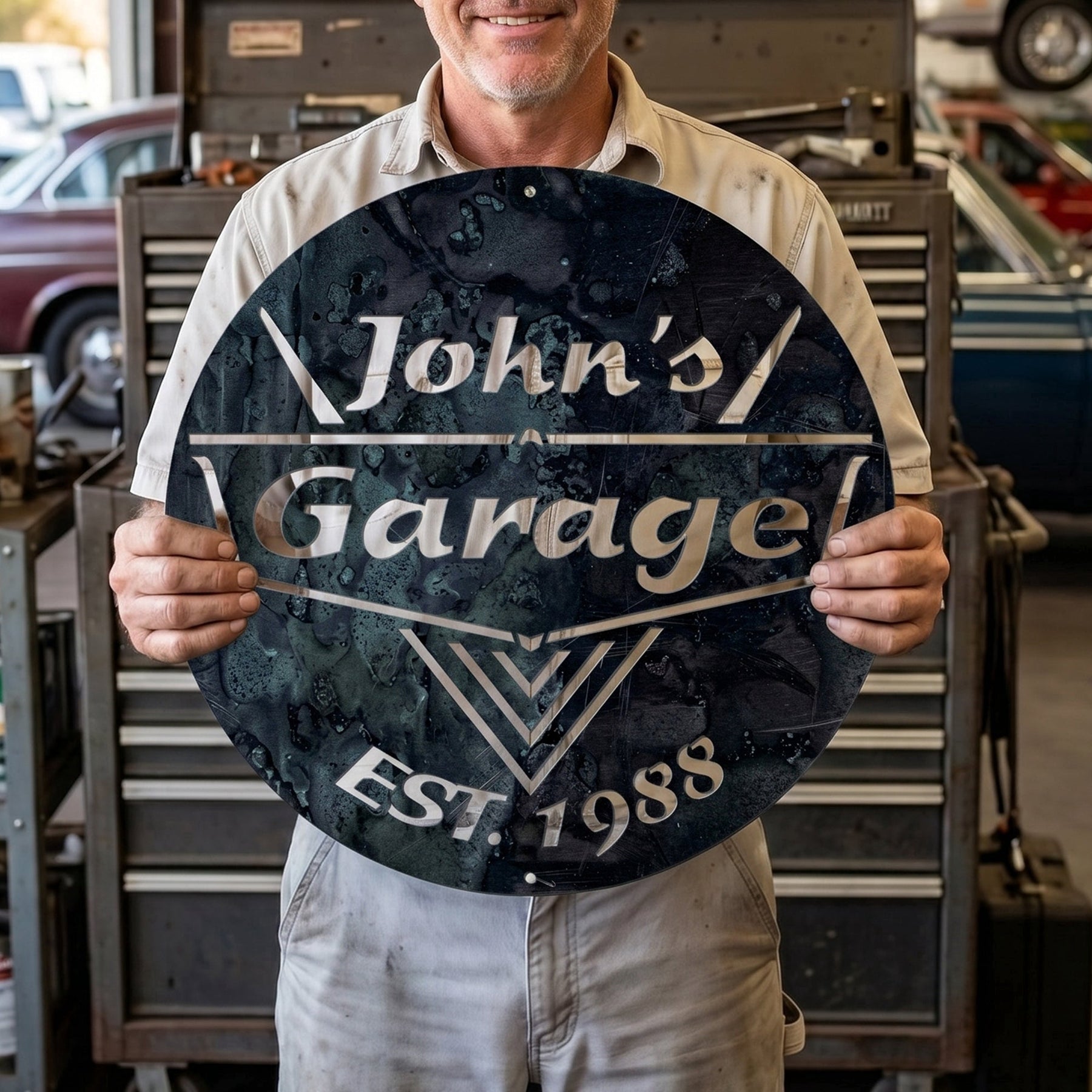 Custom Name & Year Garage Man Cave Steel Workshop Sign For Him - Personalized Metal Sign