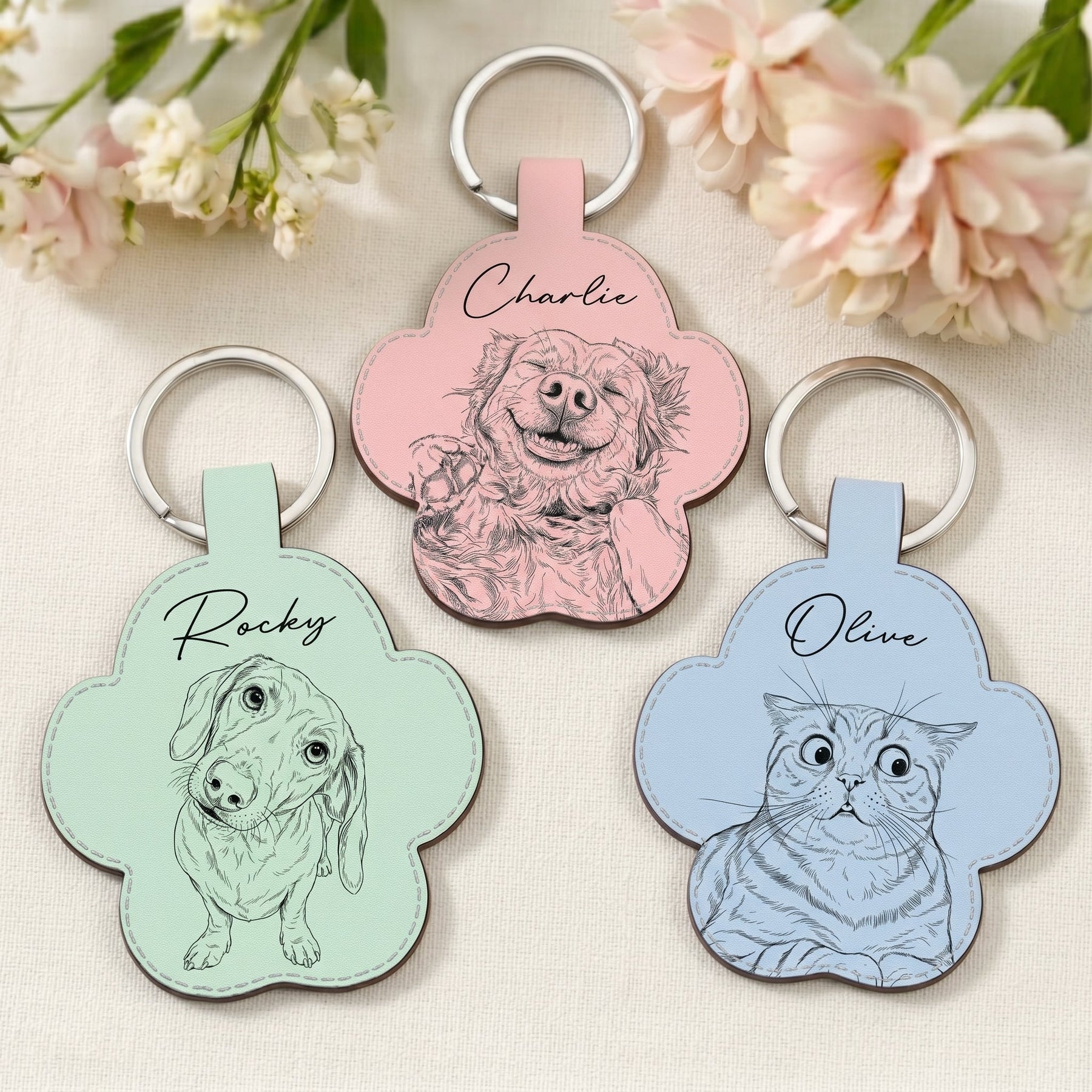 Custom Pet Portrait Gift For Dog Lover, Cat Lover Sketch Style - Personalized Keychain