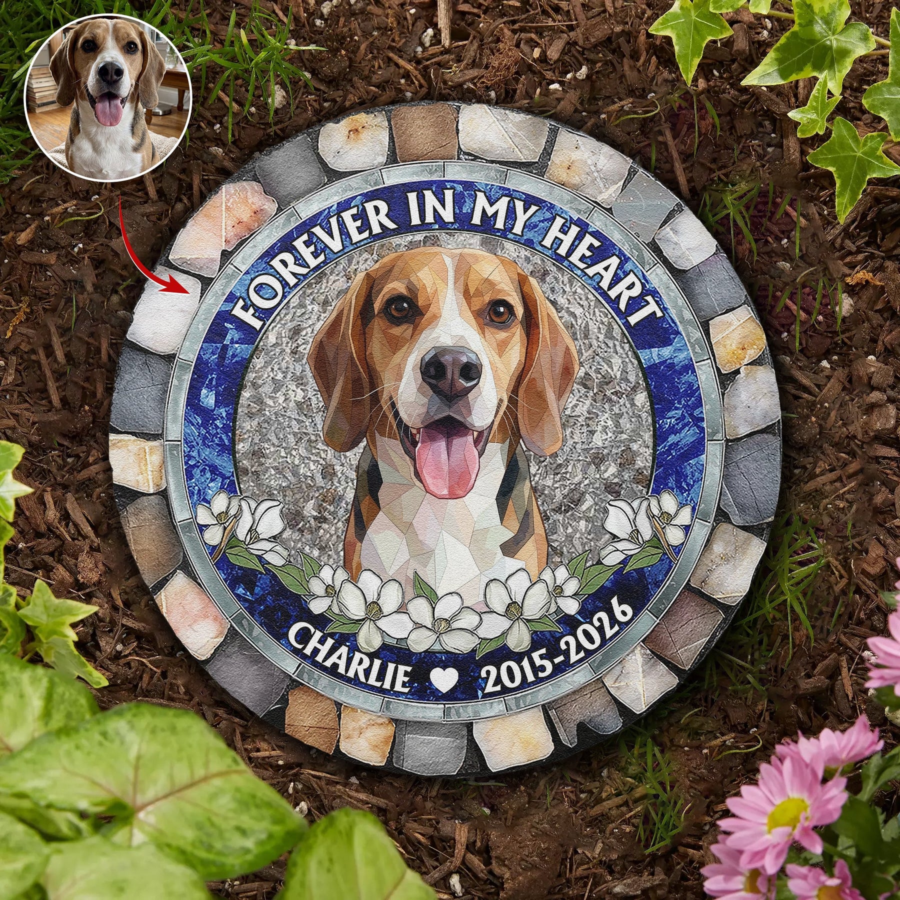 Custom Pet Portrait Memorial Gift Forever In My Heart Stained Glass Style - Personalized Garden Stone