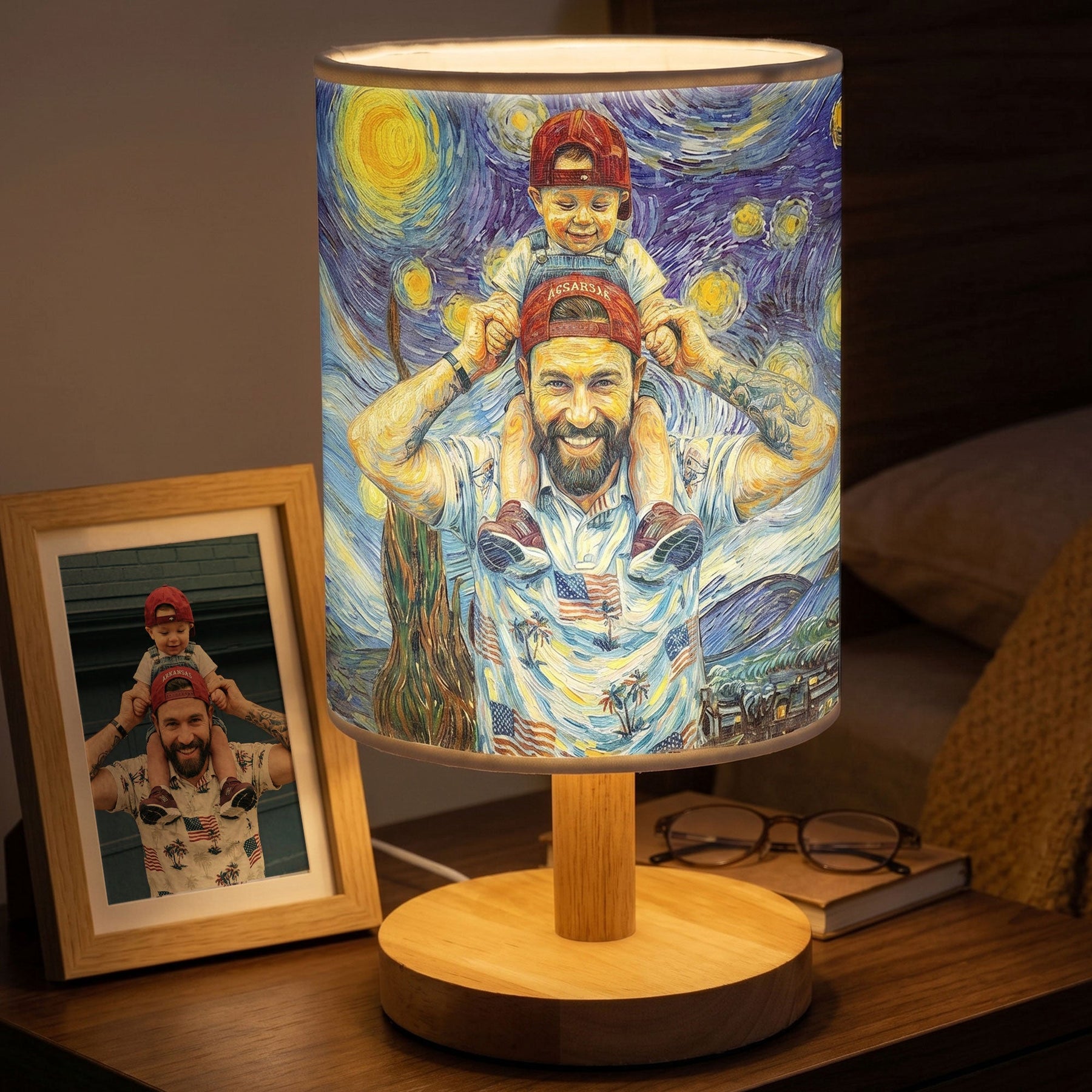 Custom Photo Van Gogh Style Father's Day Gift For New Dad, Husband - Personalized Fabric Lamp