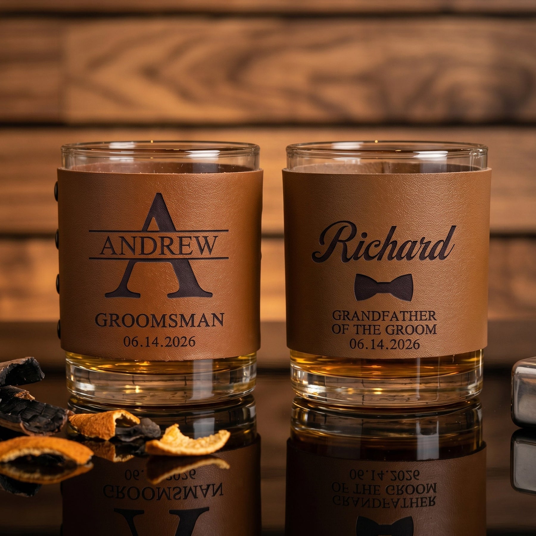 Custom Vintage Initial Name & Date For Best Man, Groomsmen, Groom Wedding Gifts Leather - Personalized Whiskey Glass