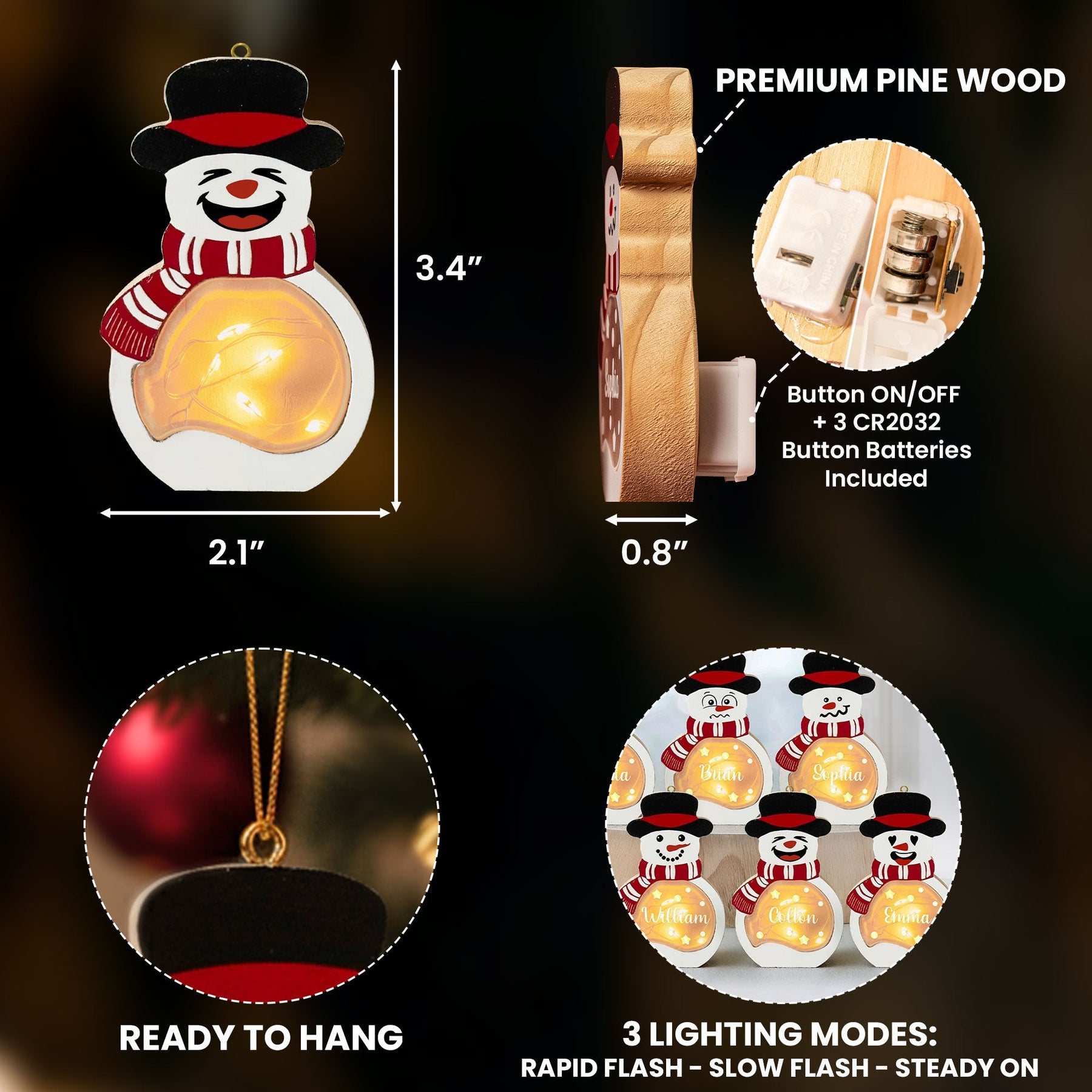 Customize Names, Family Pack - Personalized Lighted Wooden Snowman Ornament