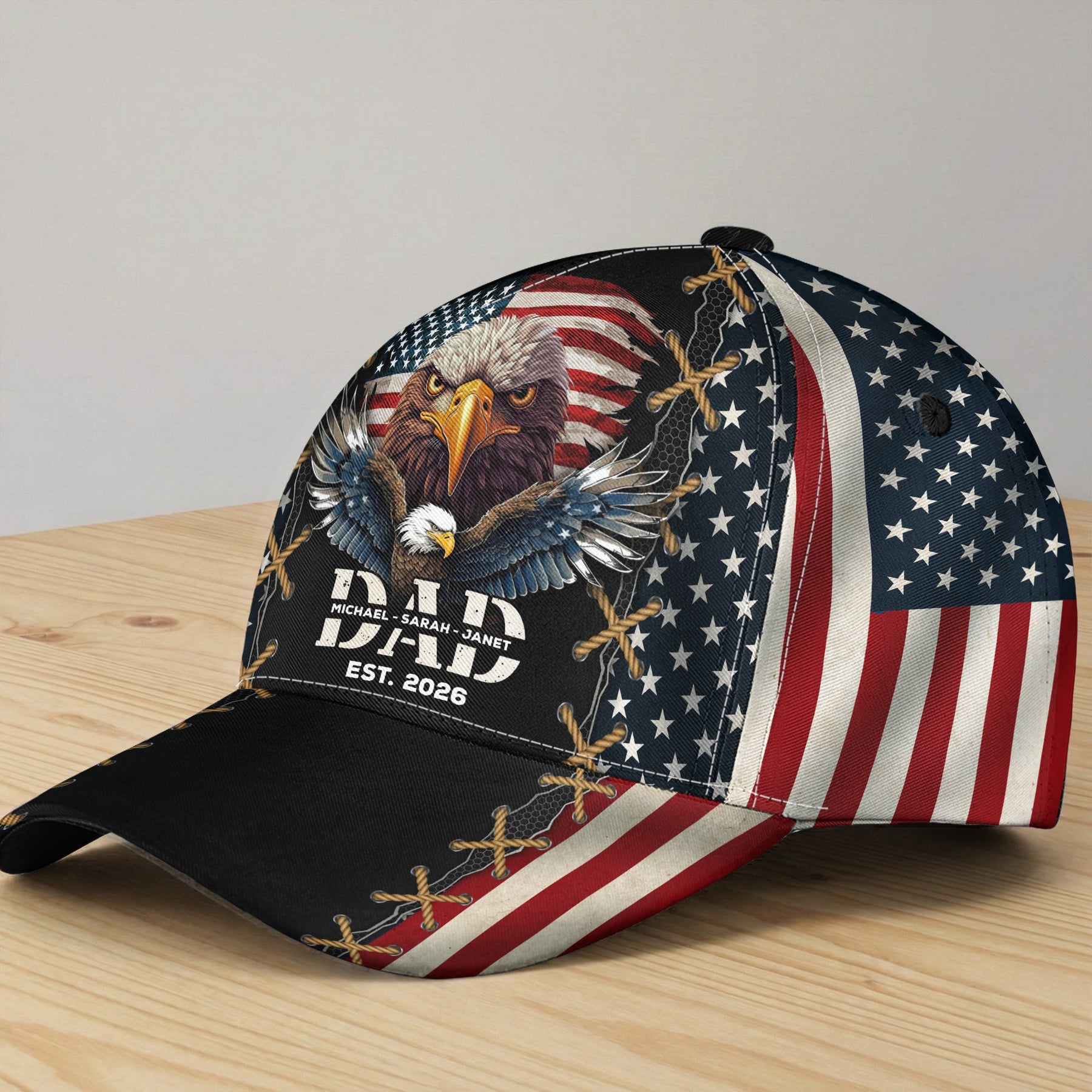 Dad Est American Flag Rustic With Kids' Names - Personalized Classic Cap
