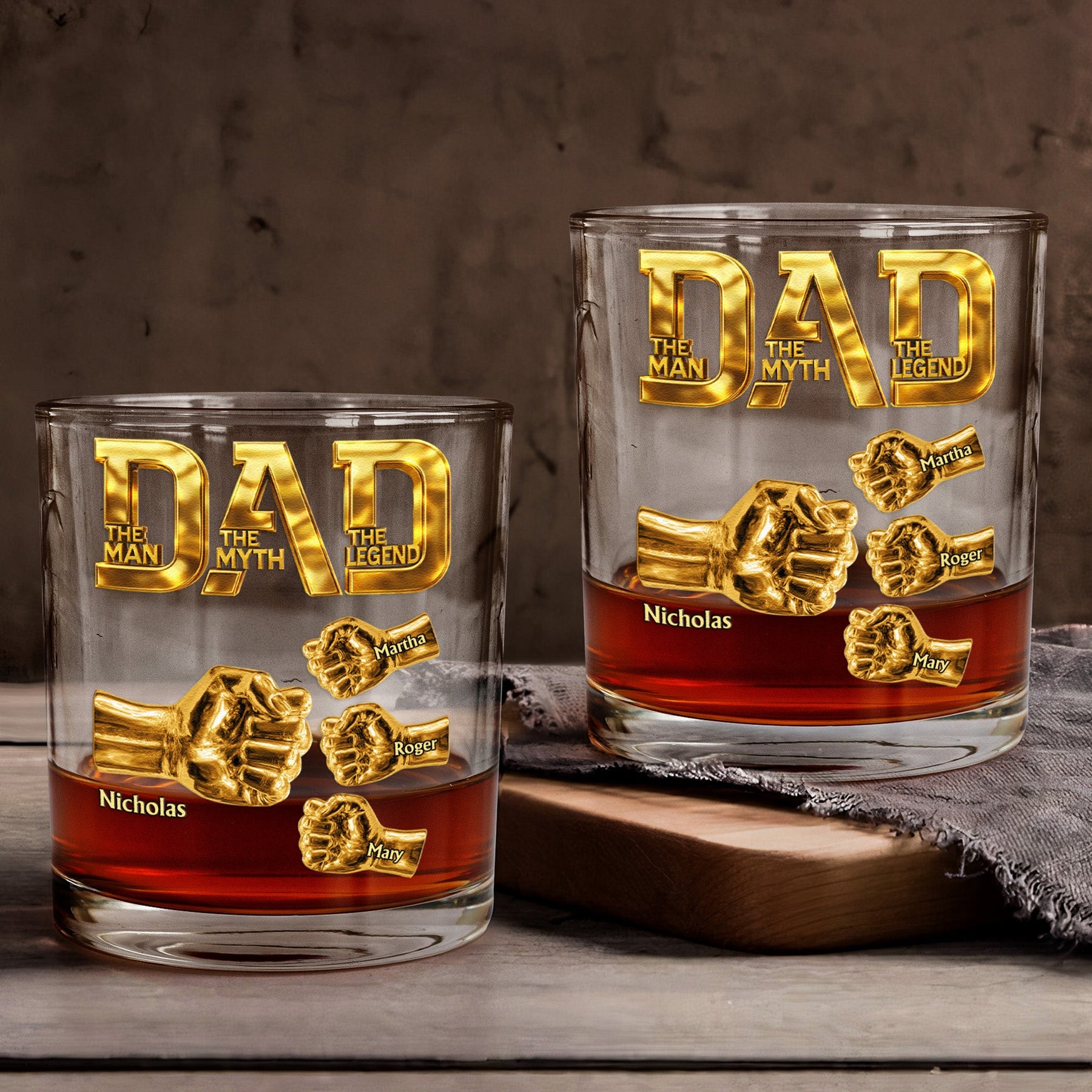 Dad The Man The Myth The Legend - Fist Bump With Kids Names - Personalized Whiskey Glass