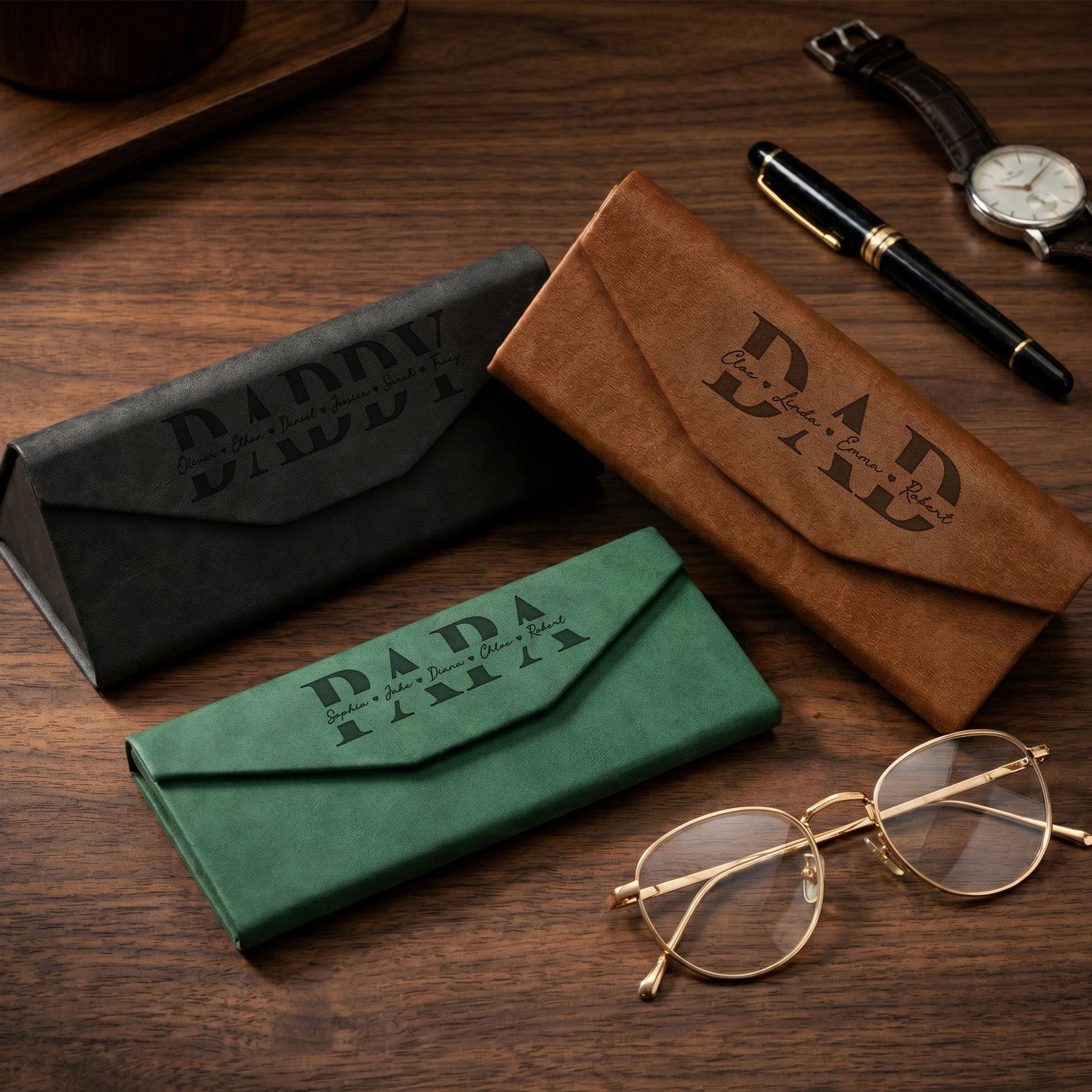Dad, Papa, Grandpa With Kids' Names - Personalized Leather Glasses Case