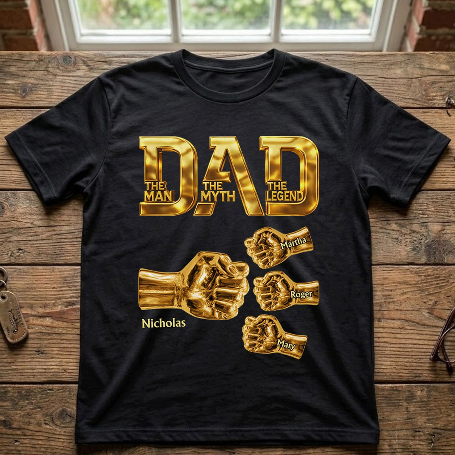 Dad The Man The Myth The Legend - Gold Fist Bumps With Kids Names - Personalized Shirt