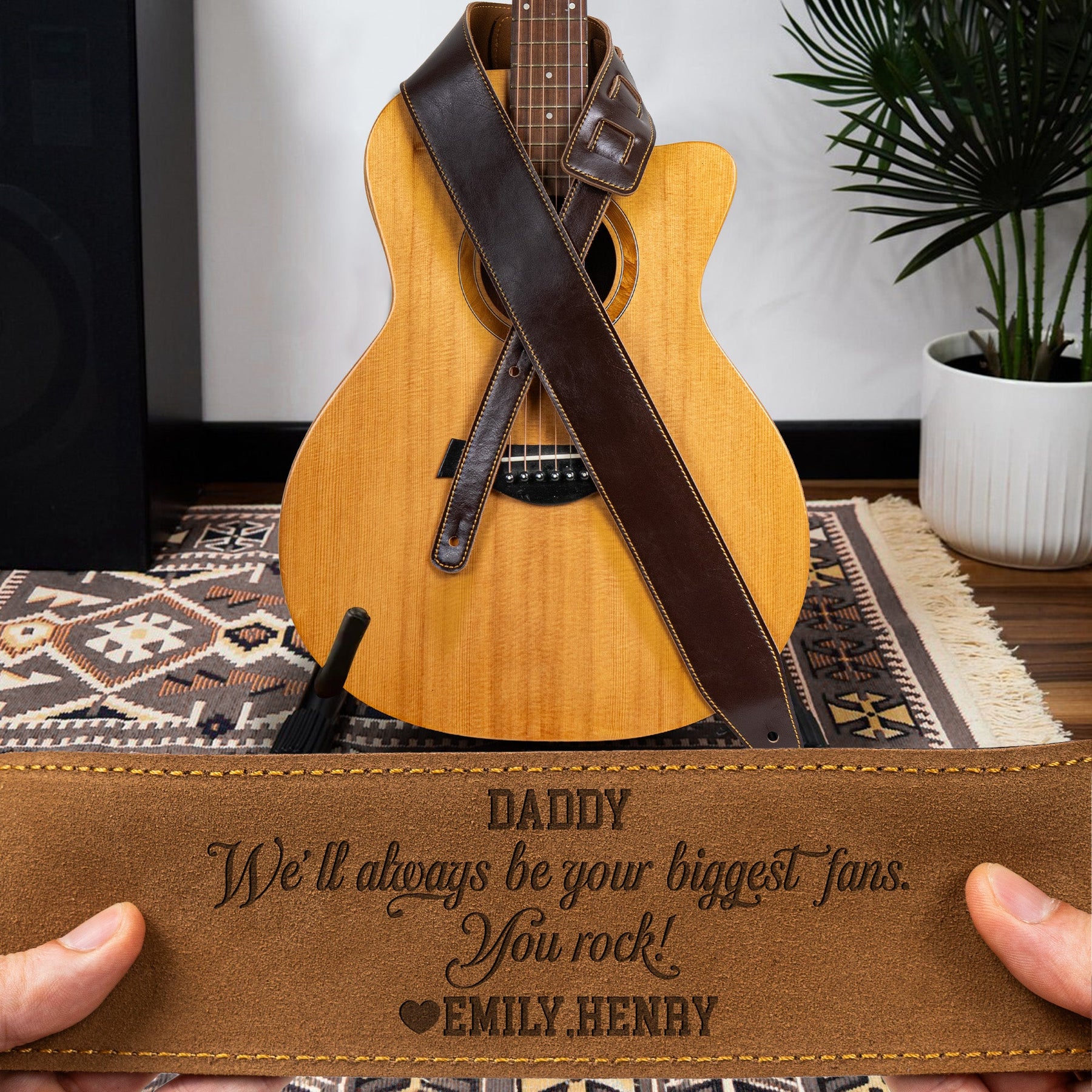Dad, We'll Always Be Your Biggest Fans, You Rock - Personalized Leather Guitar Strap
