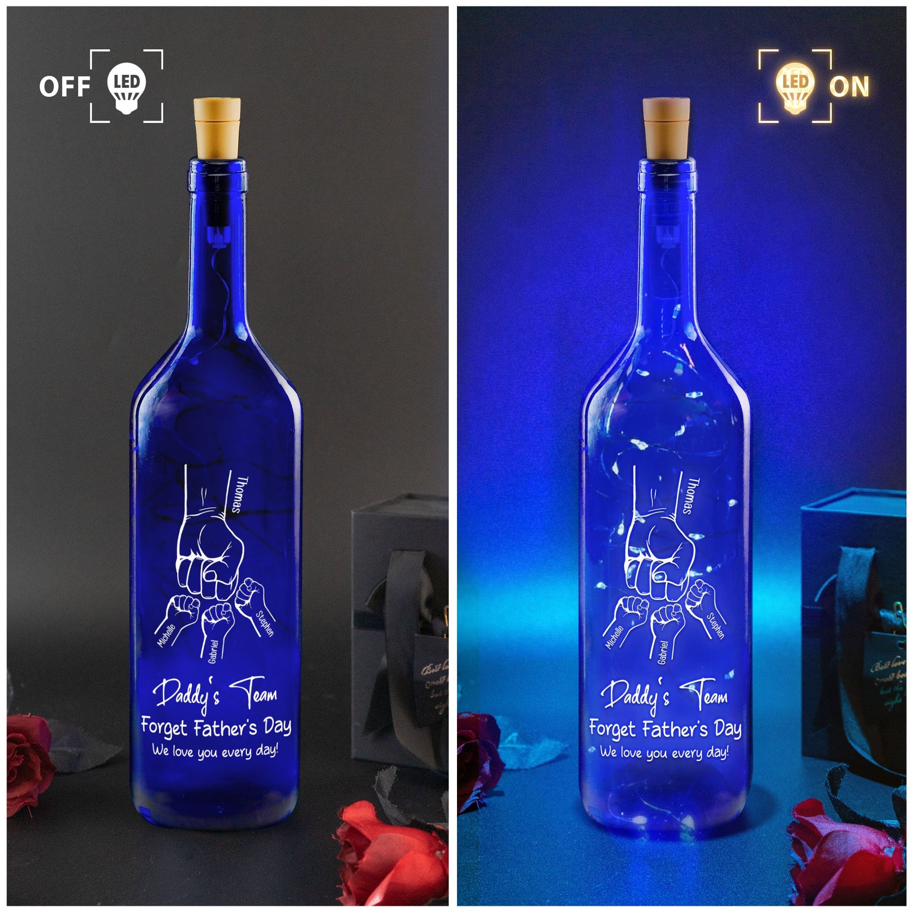 Daddy's Team We Love You Gift For Dad, Grandpa - Personalized Blue Bottle Lamp