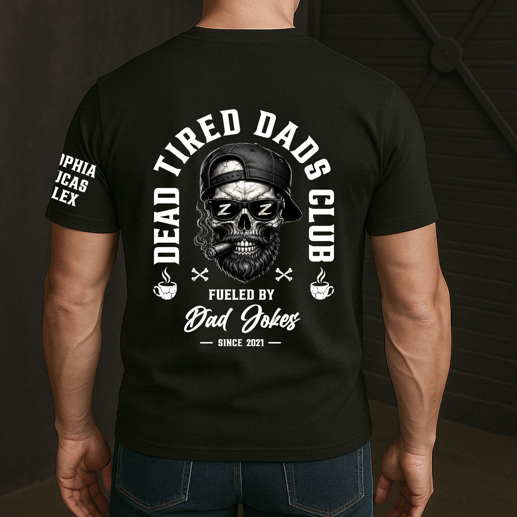 Dead Tired Dads Club - Funny Father's Day Gifts Custom Kids' Names On Sleeves - Personalized Shirt