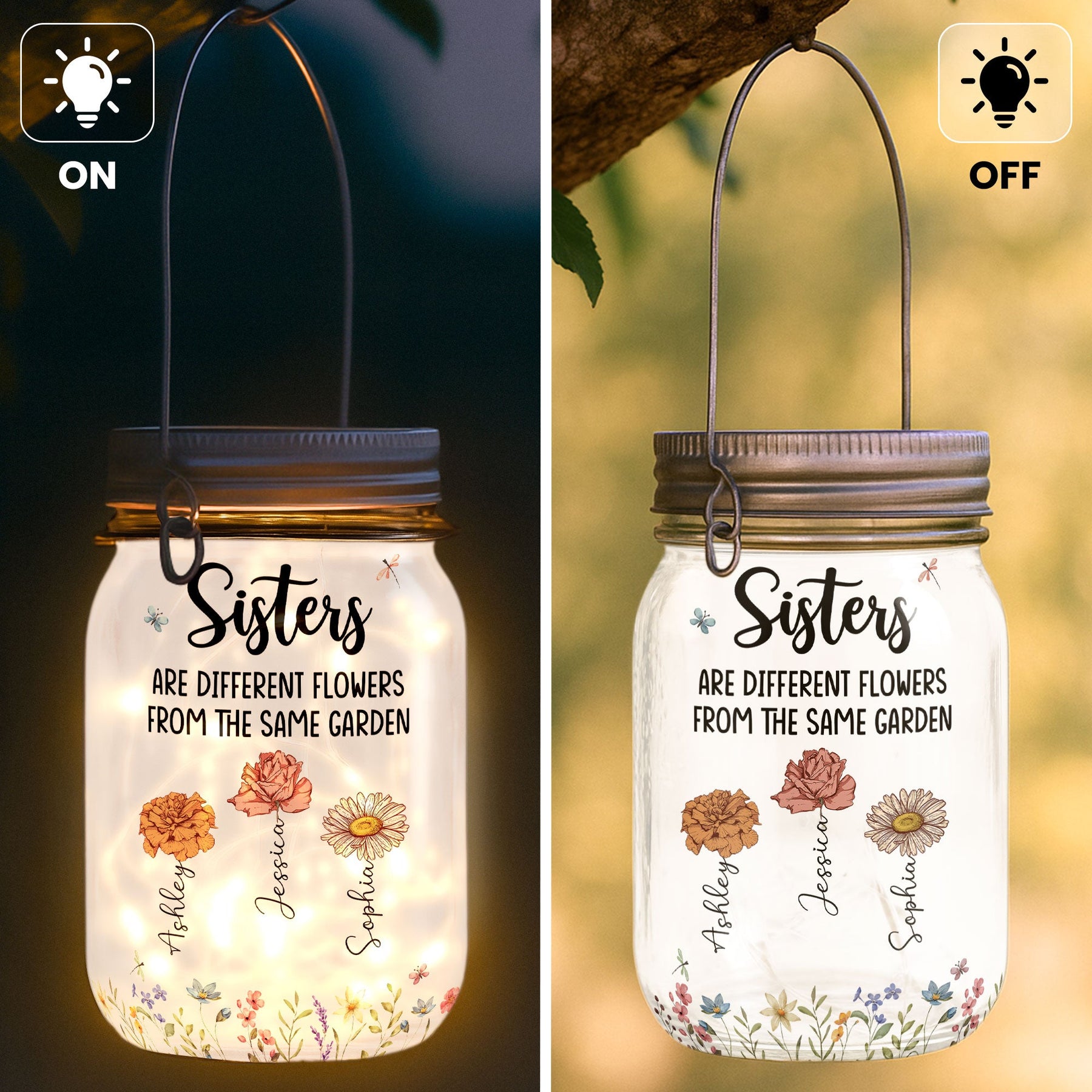 Different Flowers From Same Garden - Personalized Solar Mason Jar Light