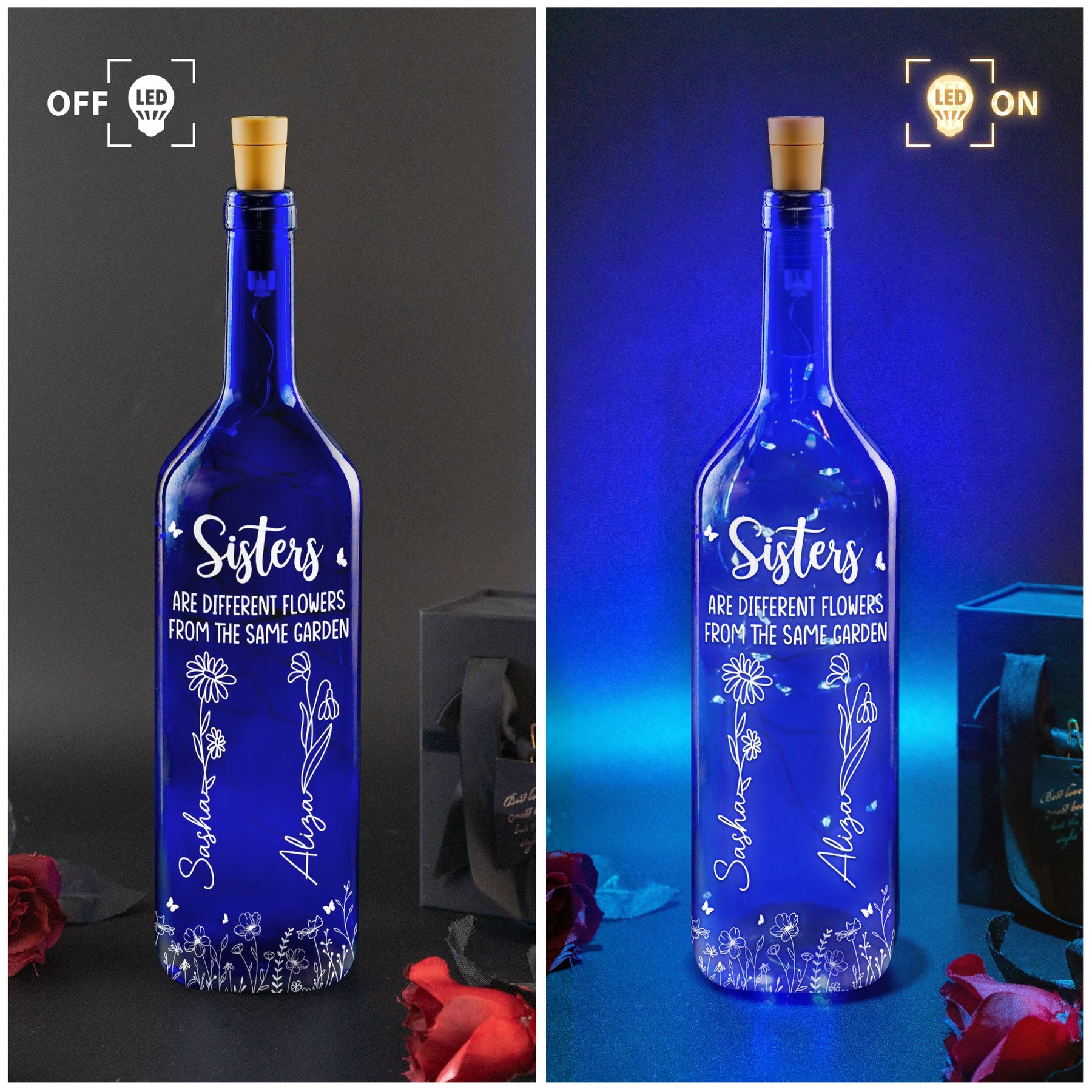 Different Flowers In Same Garden - Personalized Blue Bottle Lamp