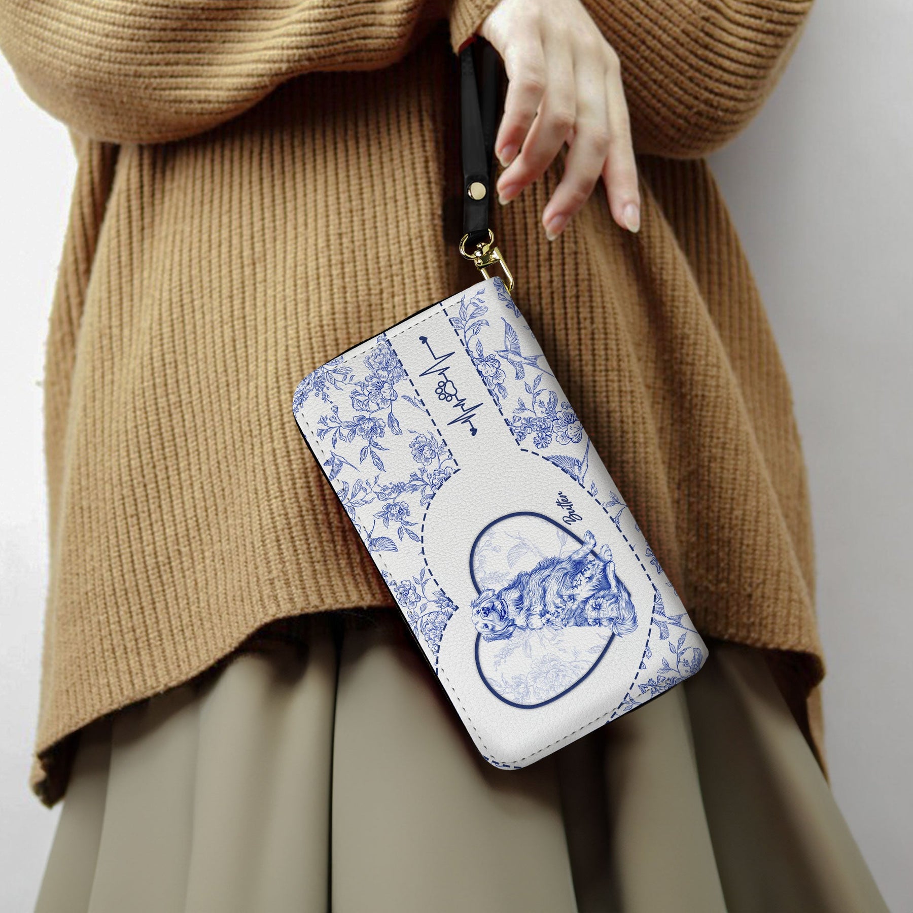 Dog Lover Gift Custom Toile De Jouy French Style - Personalized Leather Long Wallet