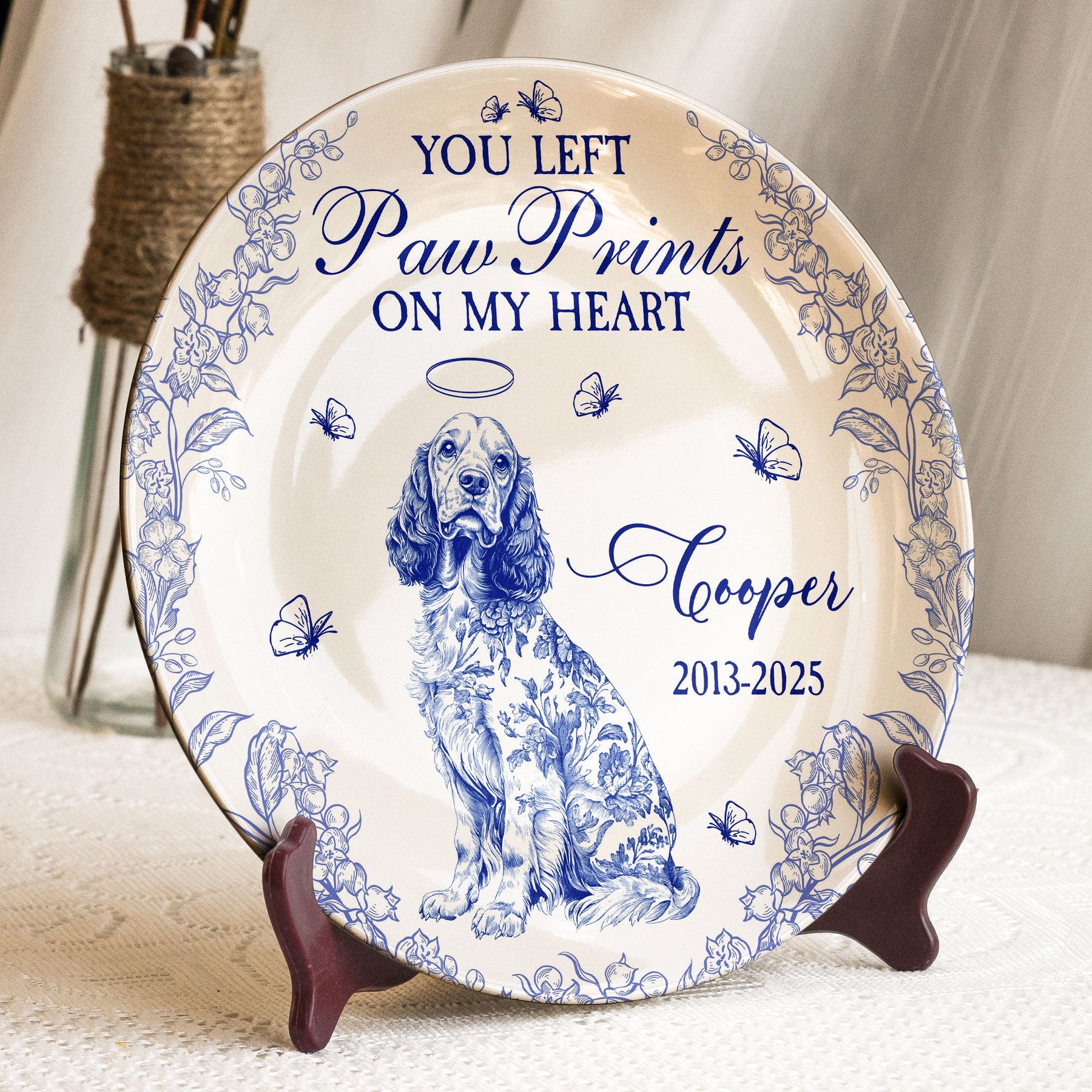 Dog Memorial Gift You Left Paw Prints Toile De Jouy - Personalized Ceramic Plate