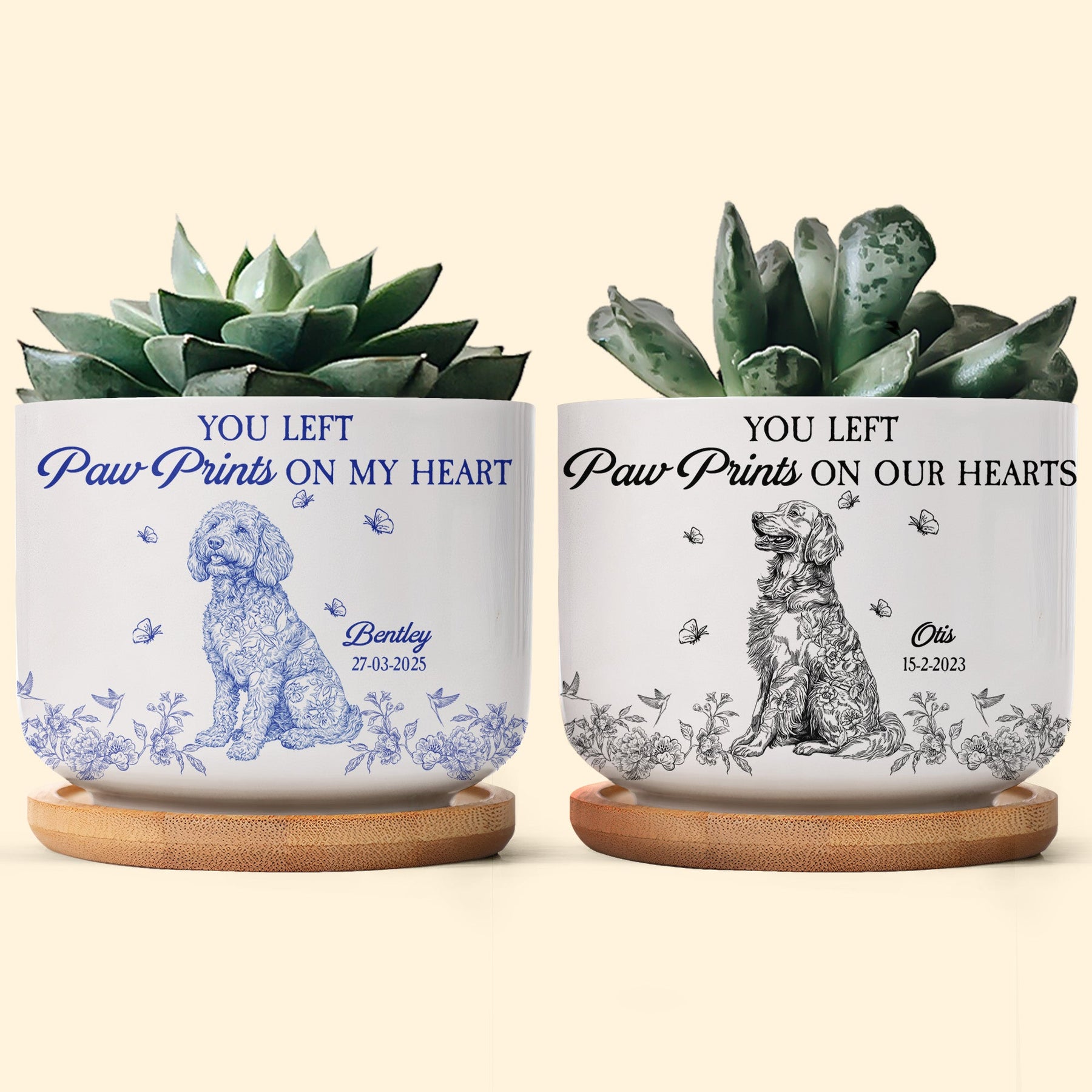 Dog Memorial Toile De Jouy Chinoiserie French Style - Personalized Ceramic Plant Pot With Tray