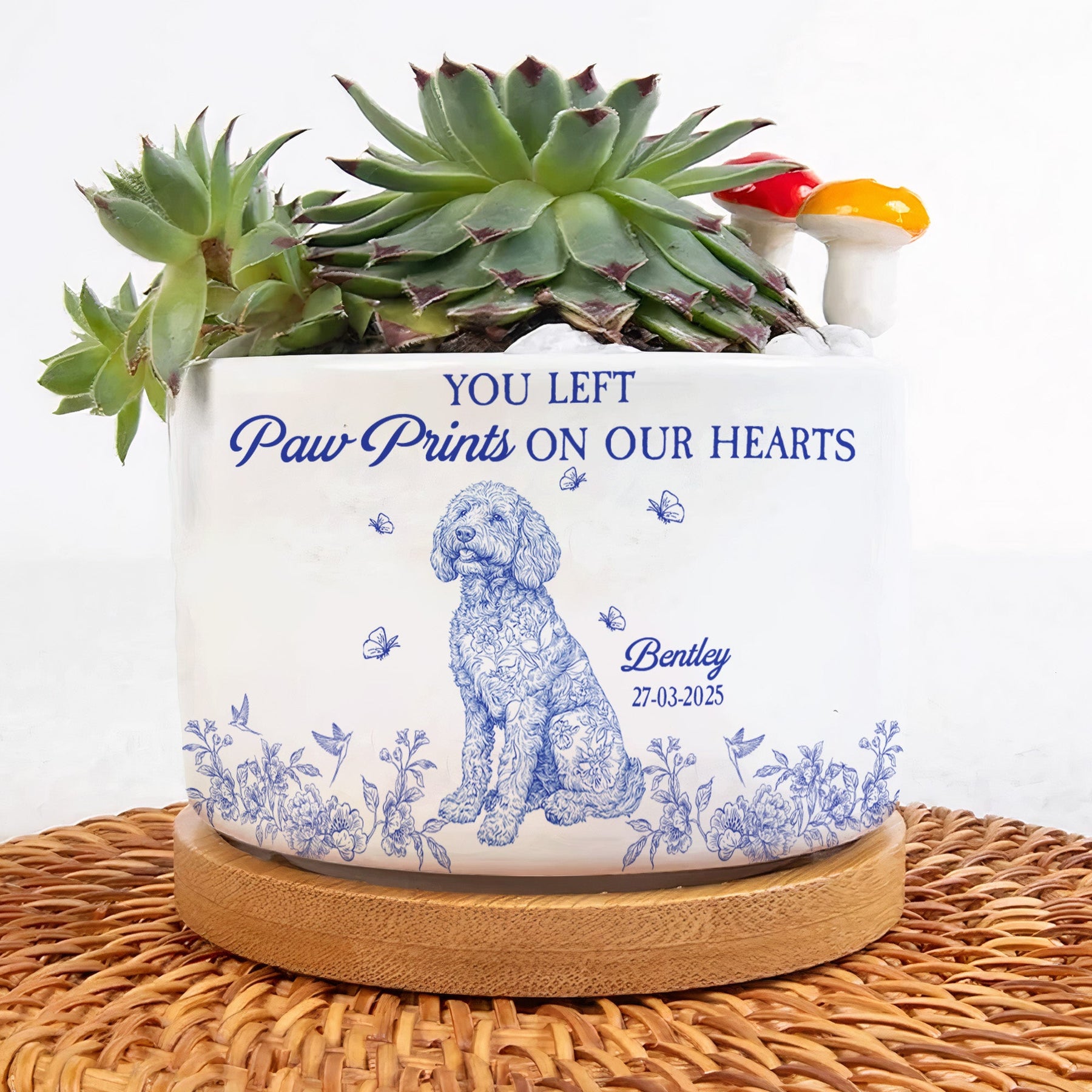 Dog Memorial Toile De Jouy Chinoiserie French Style - Personalized Ceramic Plant Pot With Tray