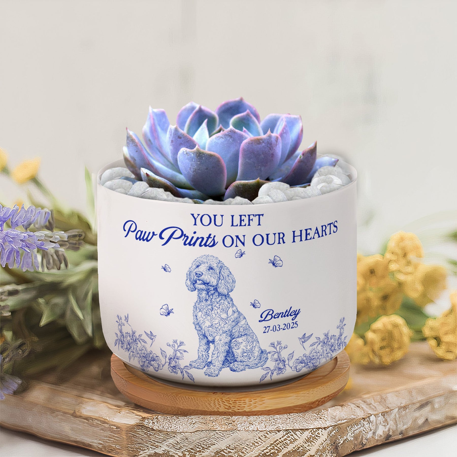 Dog Memorial Toile De Jouy Chinoiserie French Style - Personalized Ceramic Plant Pot With Tray