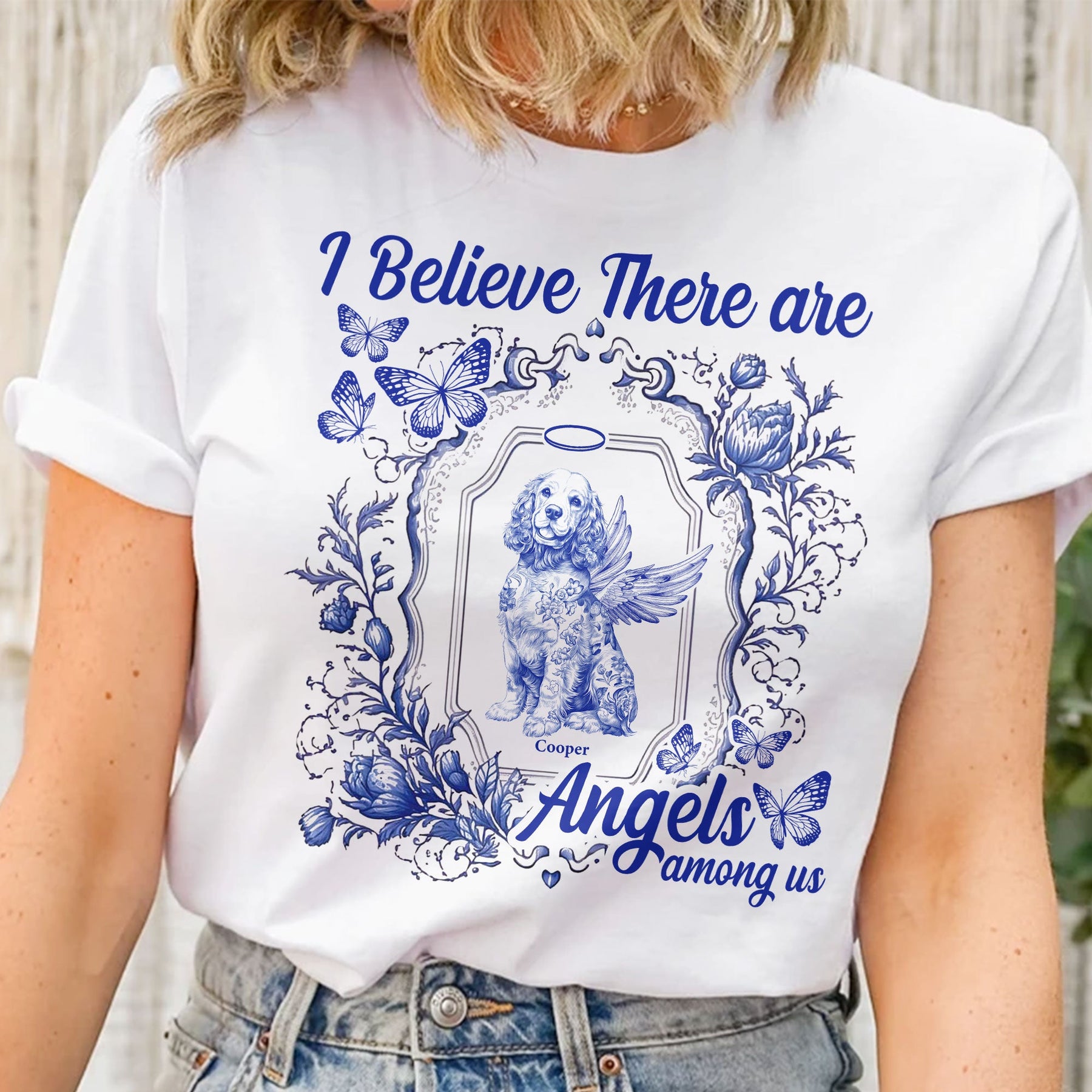 Dog Memorial Toile De Jouy I Believe There Are Angels Among Us - Personalized Shirt