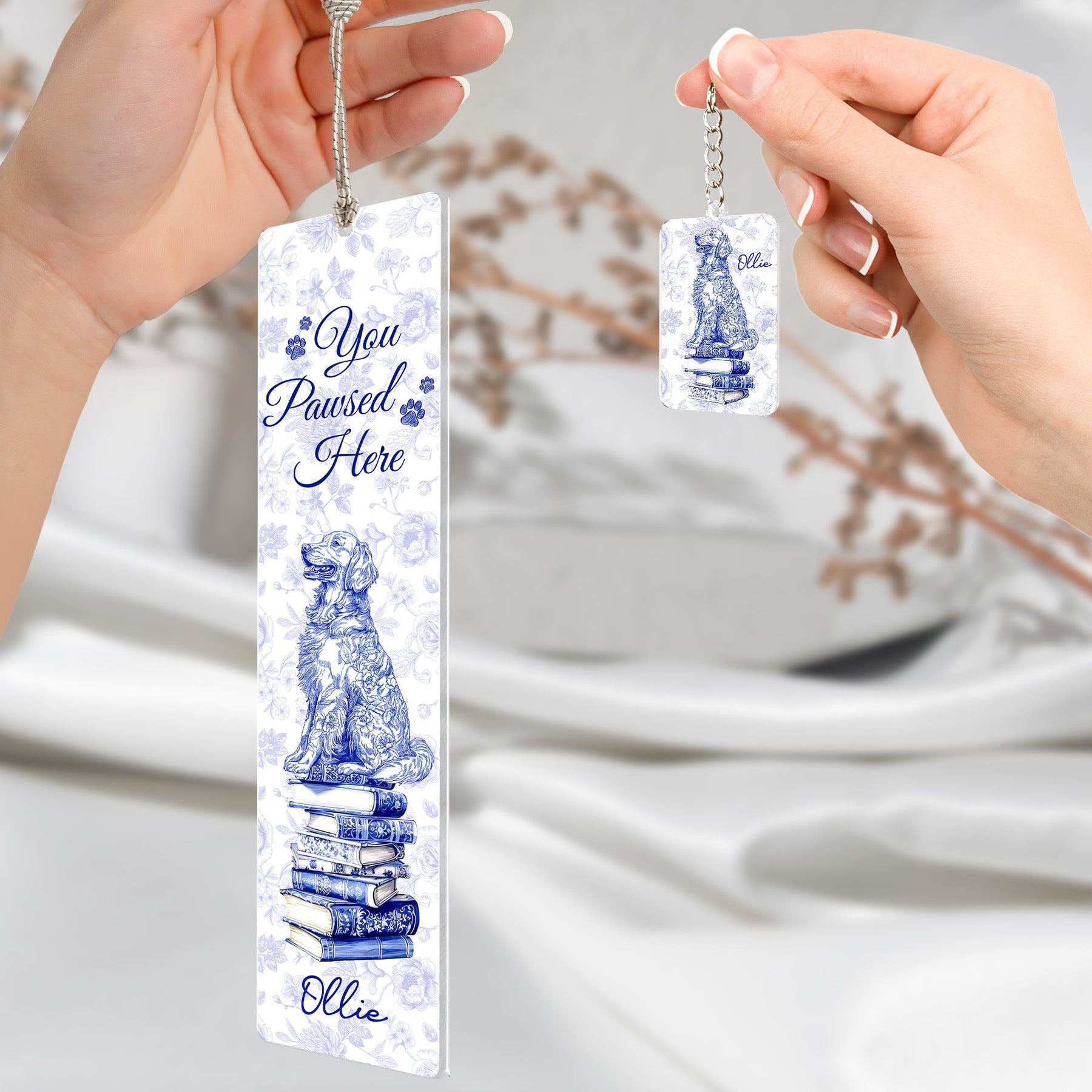 Dog Mom Book Lover Toile De Jouy - Personalized Acrylic Bookmark And Keychain Set