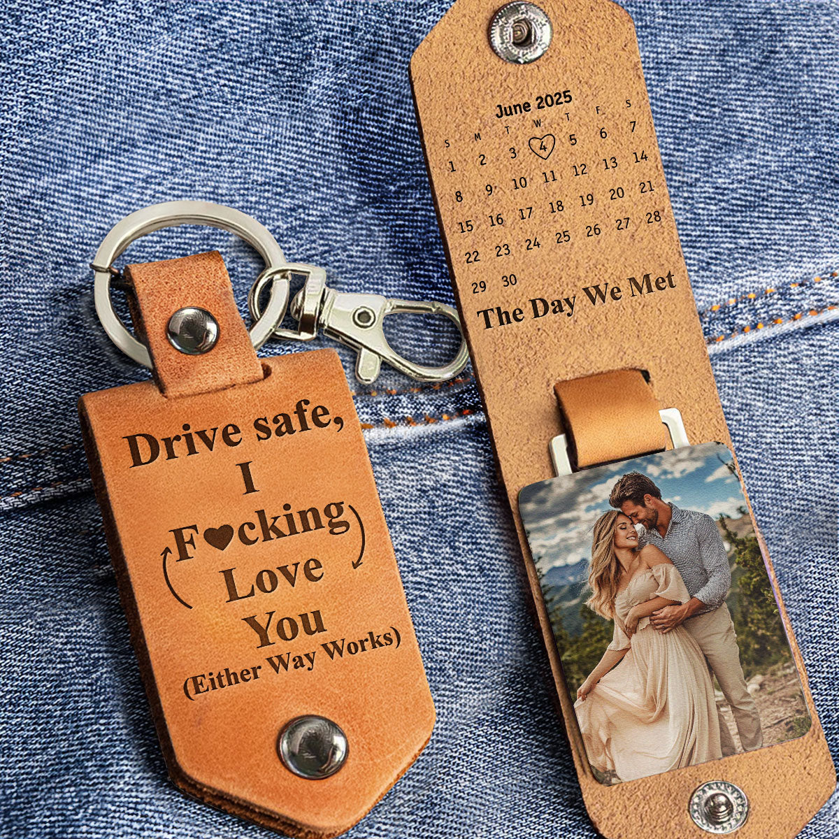 Drive Safe Custom Calendar Special Date & Photo - Personalized Leather Photo Keychain