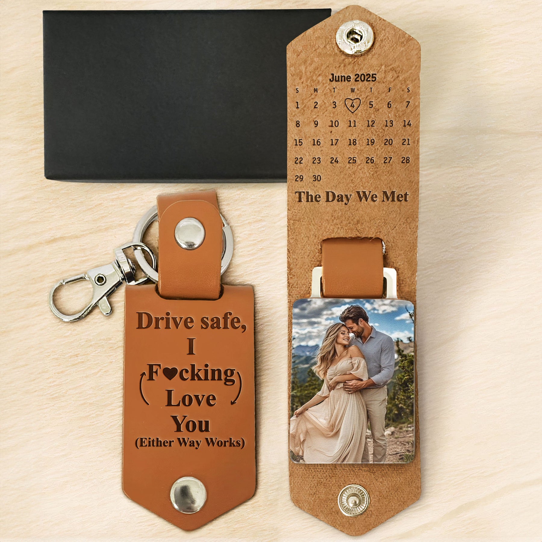 Drive Safe Custom Calendar Special Date & Photo - Personalized Leather Photo Keychain