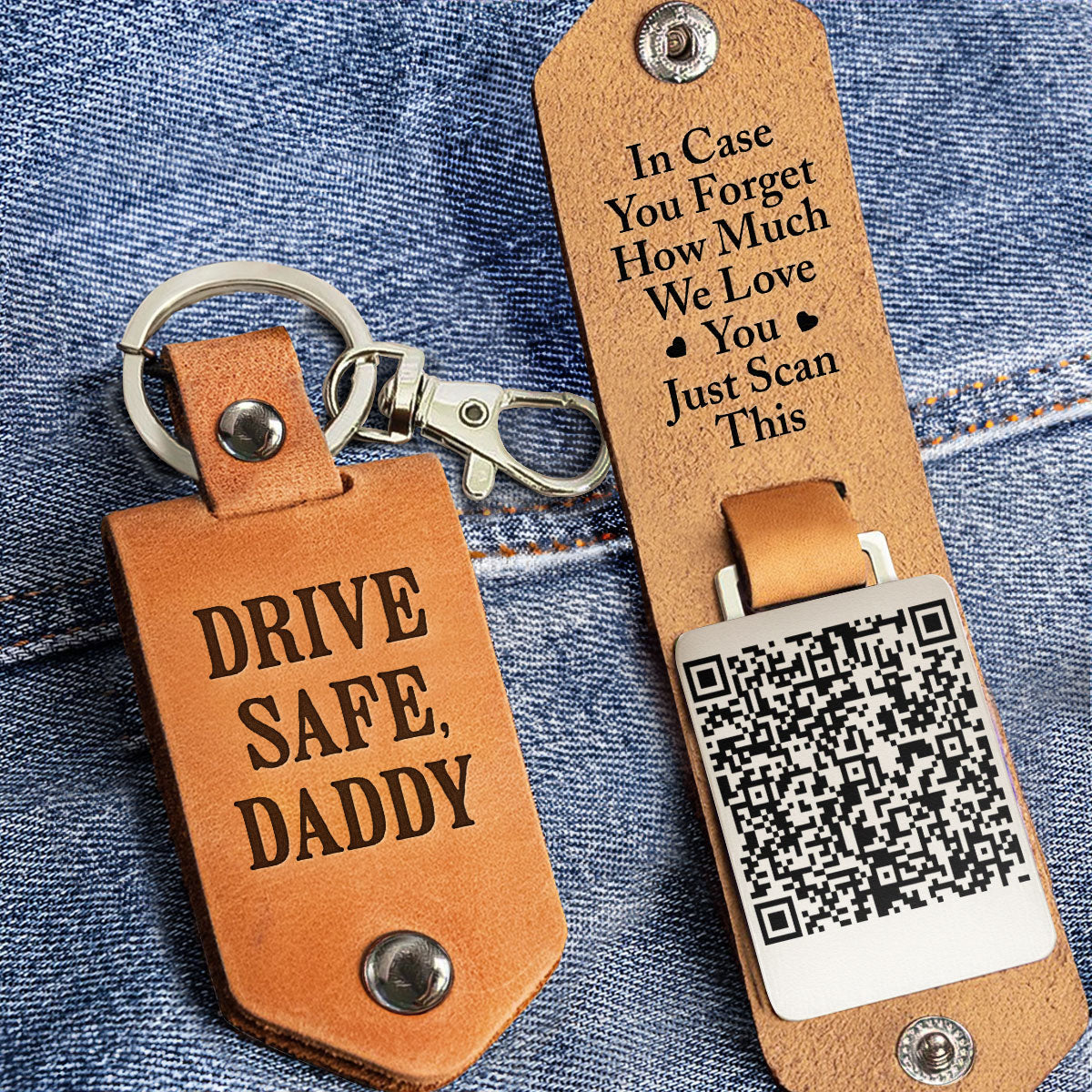 Drive Safe Daddy - Custom QR Code & Photo Gifts - Personalized Leather Photo Keychain