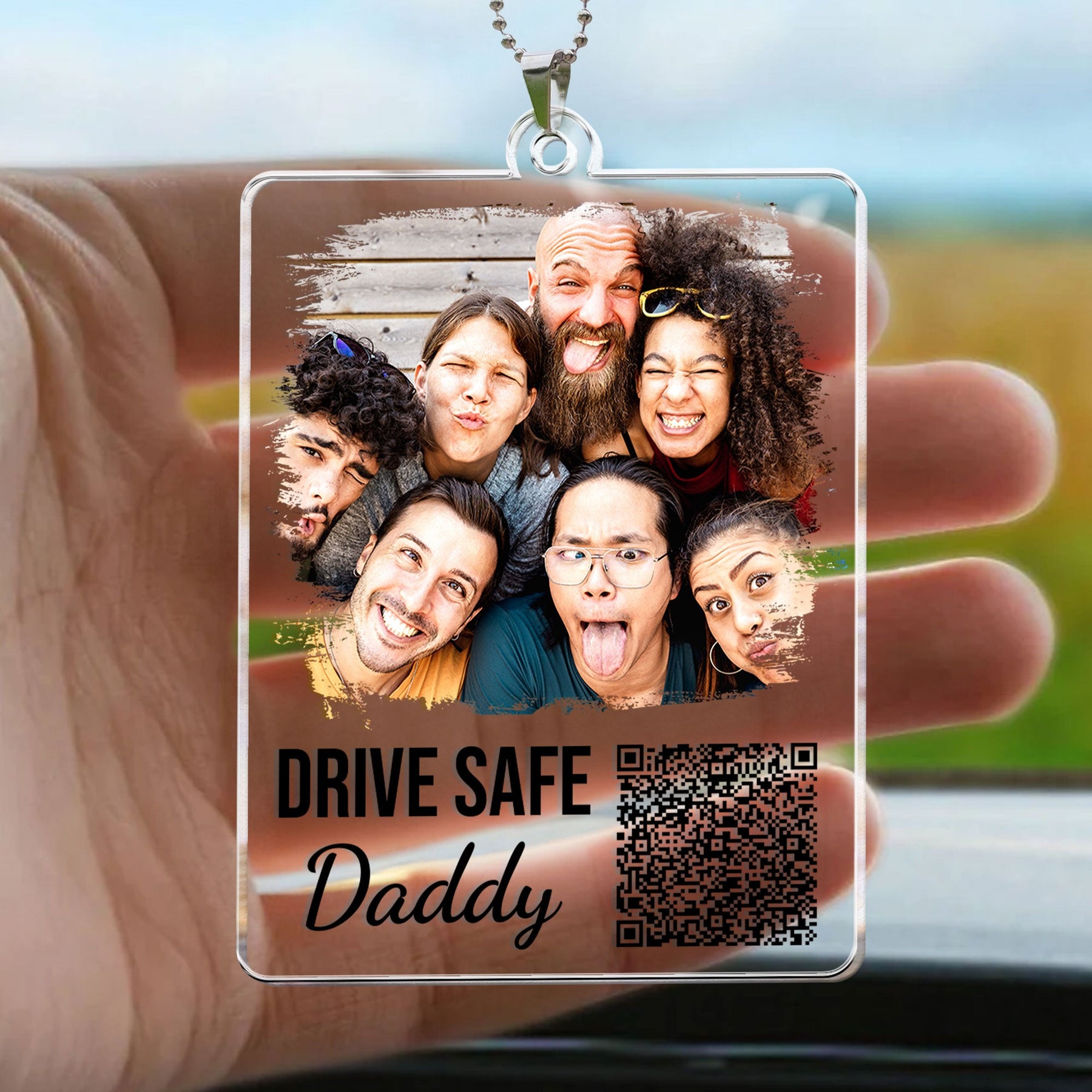 Drive Safe Daddy Qr Message - Personalized Photo Rear View Mirror Accessory