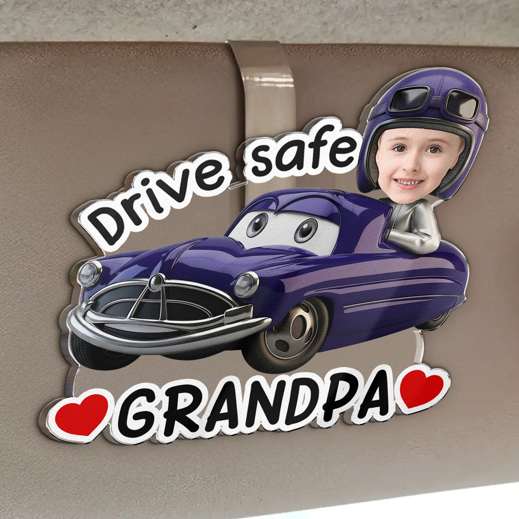 Drive Safe, Daddy, Papa, Mommy, Grandma - Custom Kids' Face Racing Cars - Personalized Car Visor Clip
