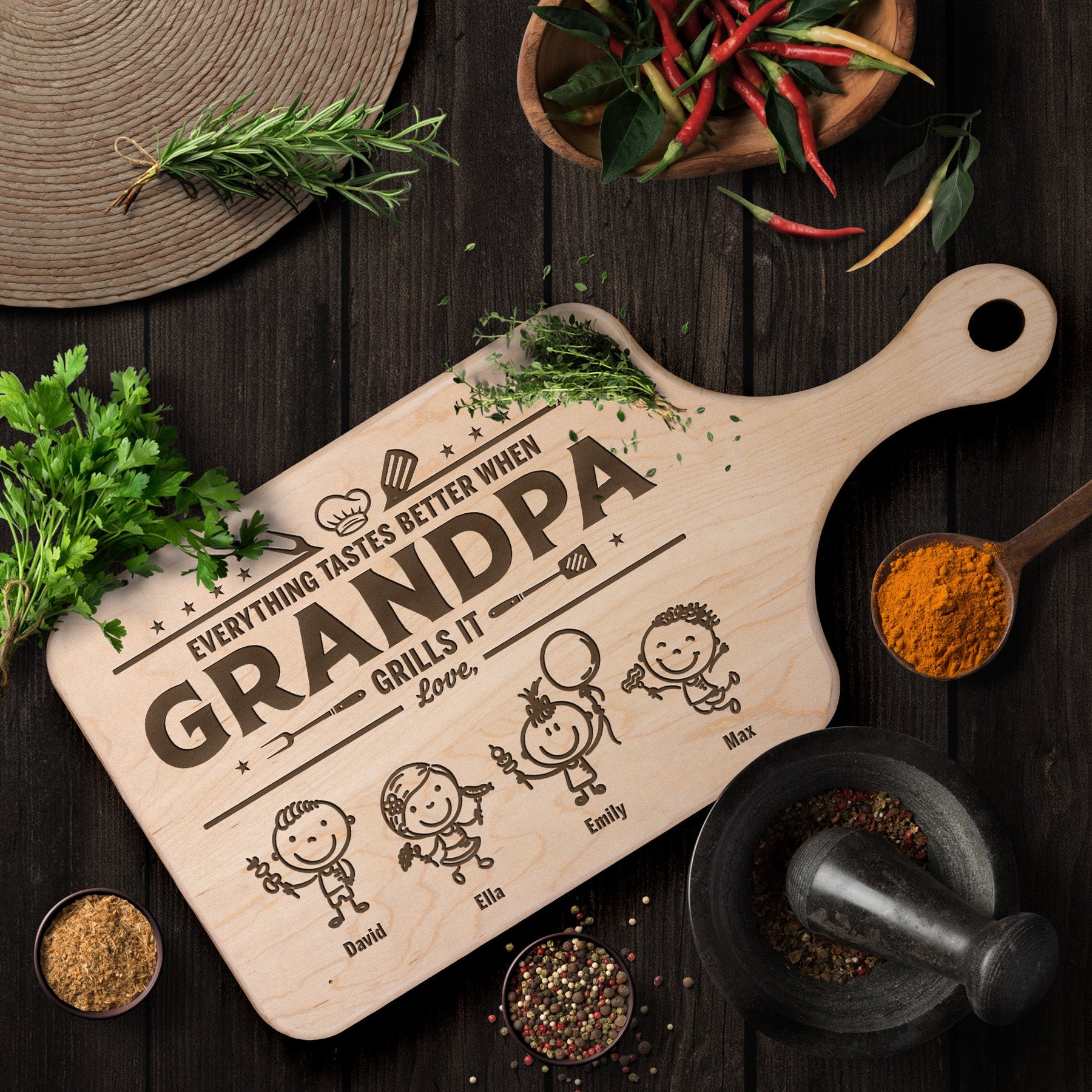 Everything Tastes Better When Grandpa, Dad Grills It - Father's Day Gift - Personalized Cutting Board