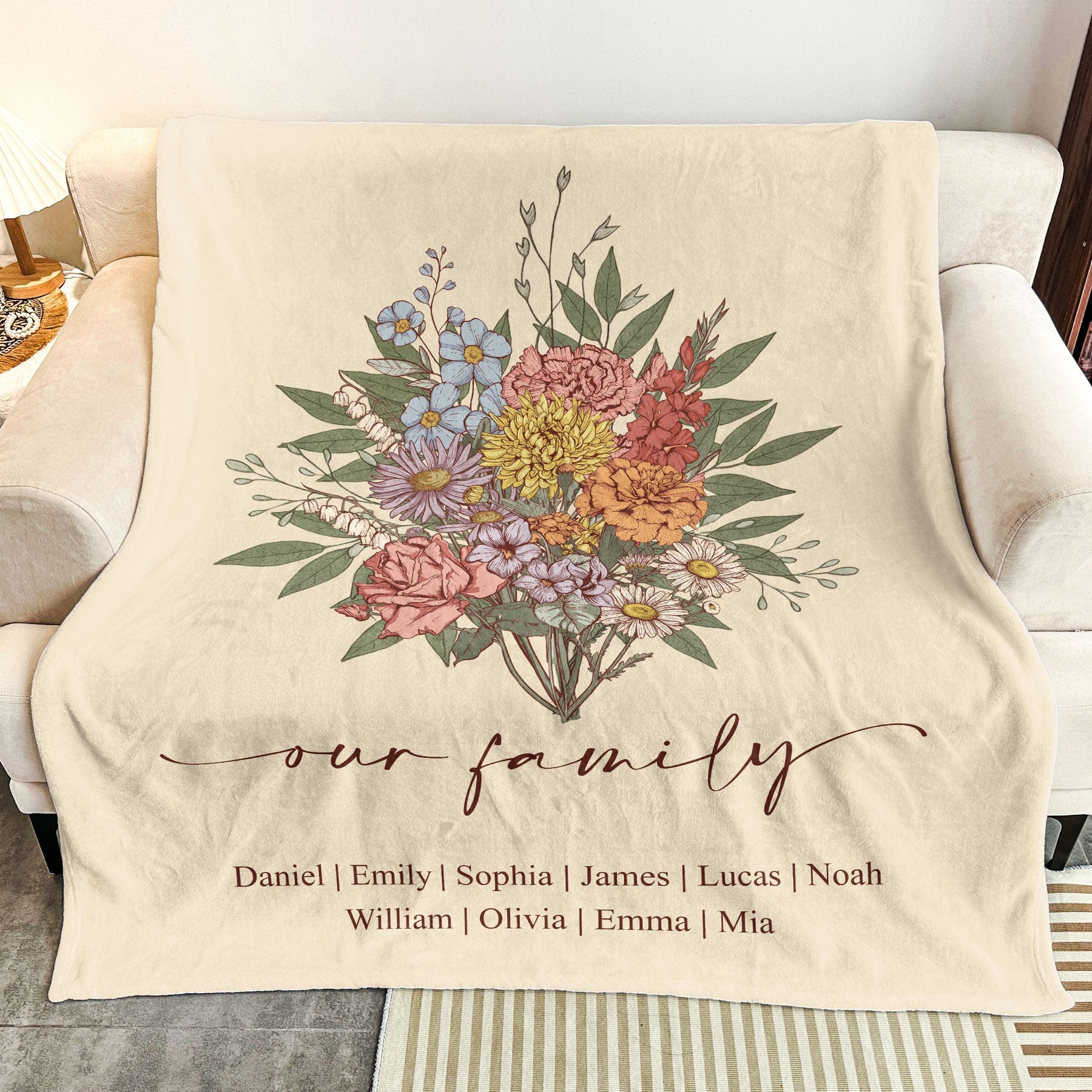 Family Boho Birth Flower Bouquet Flowers Gift For Mom, Grandma, Family - Personalized Blanket