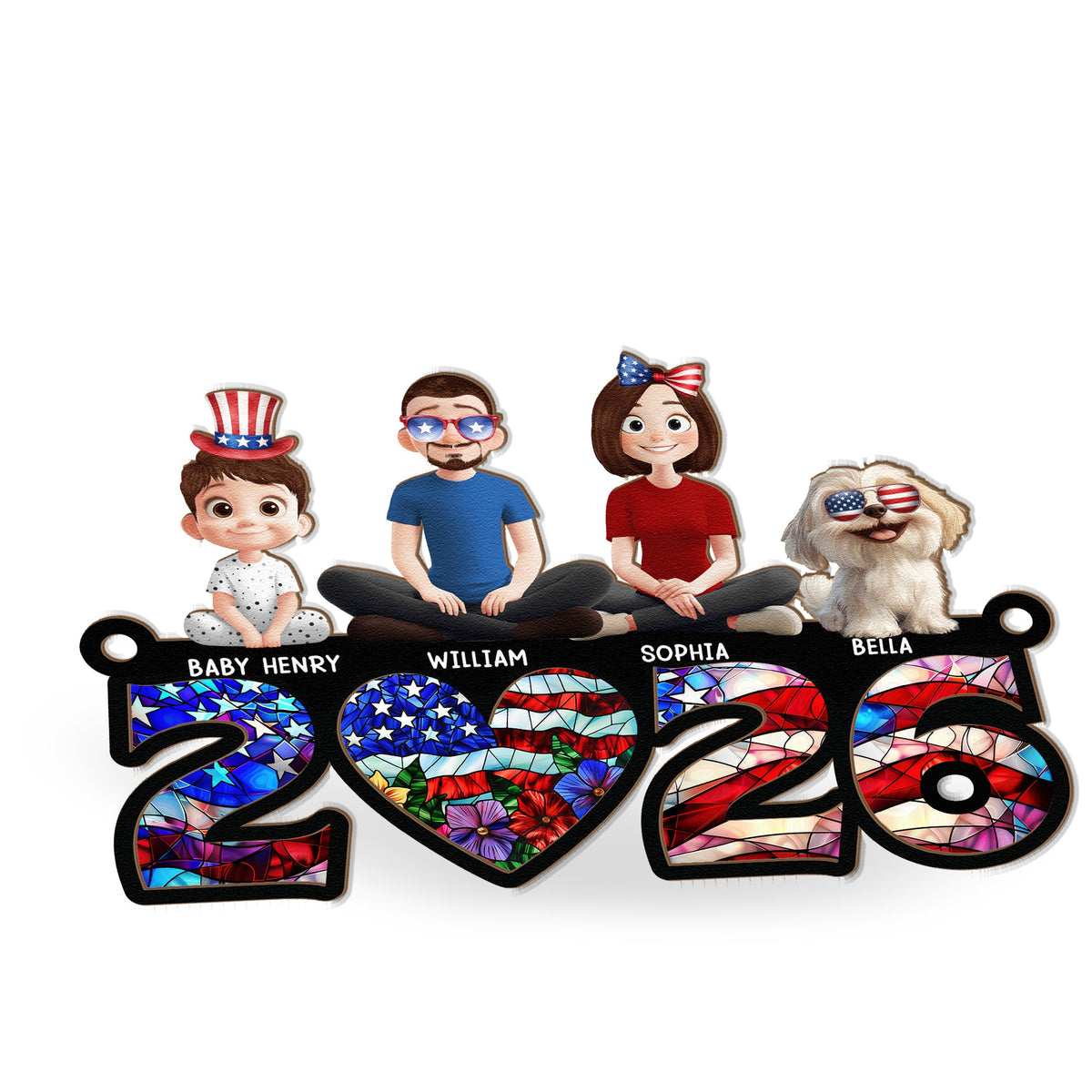 Family Sitting Happy Birthday USA - Personalized Window Hanging Suncatcher Ornament