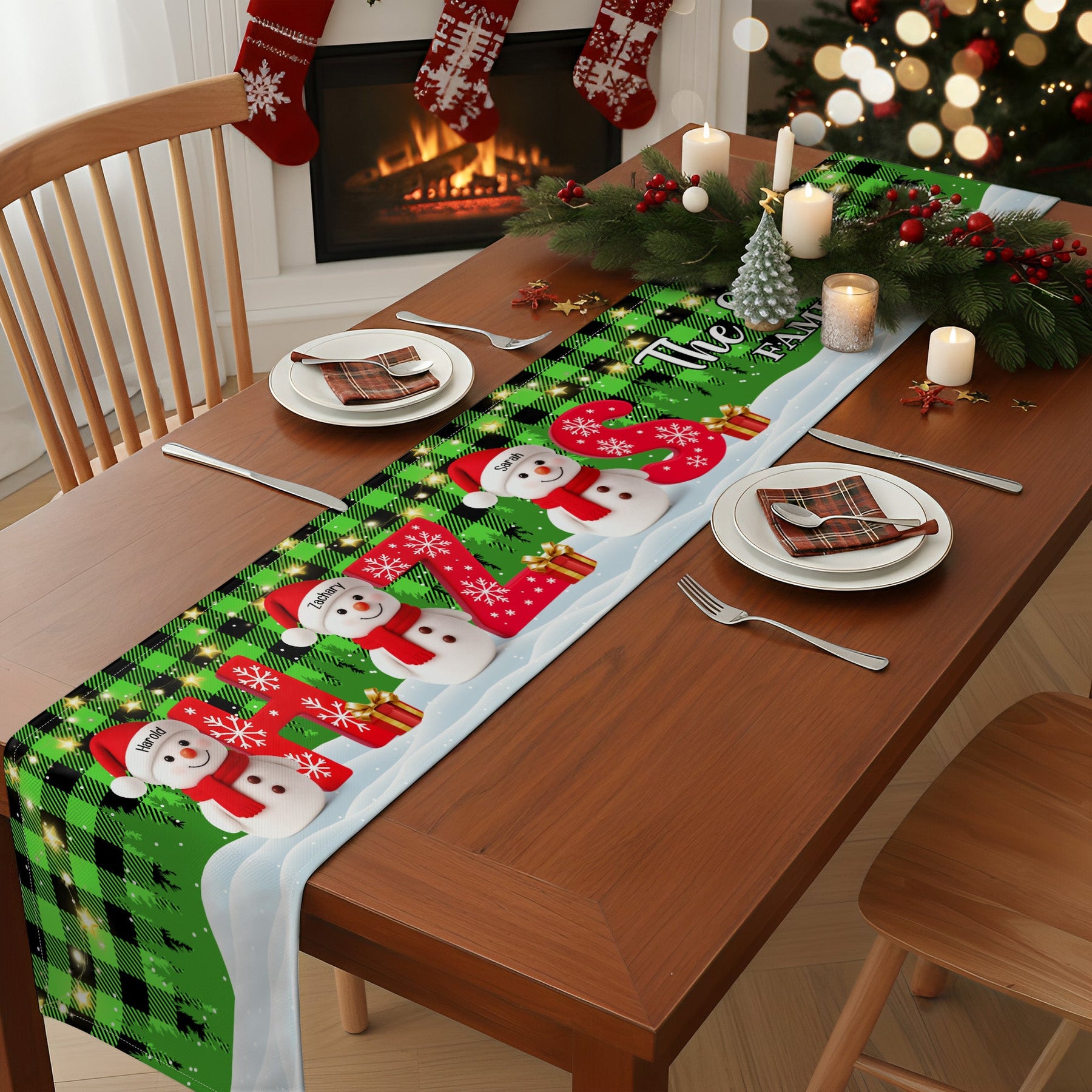 Family Snowman Initial Christmas - Personalized Table Runner