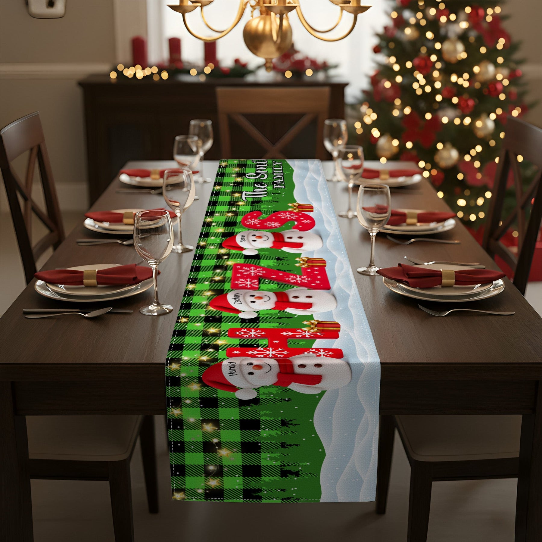 Family Snowman Initial Christmas - Personalized Table Runner