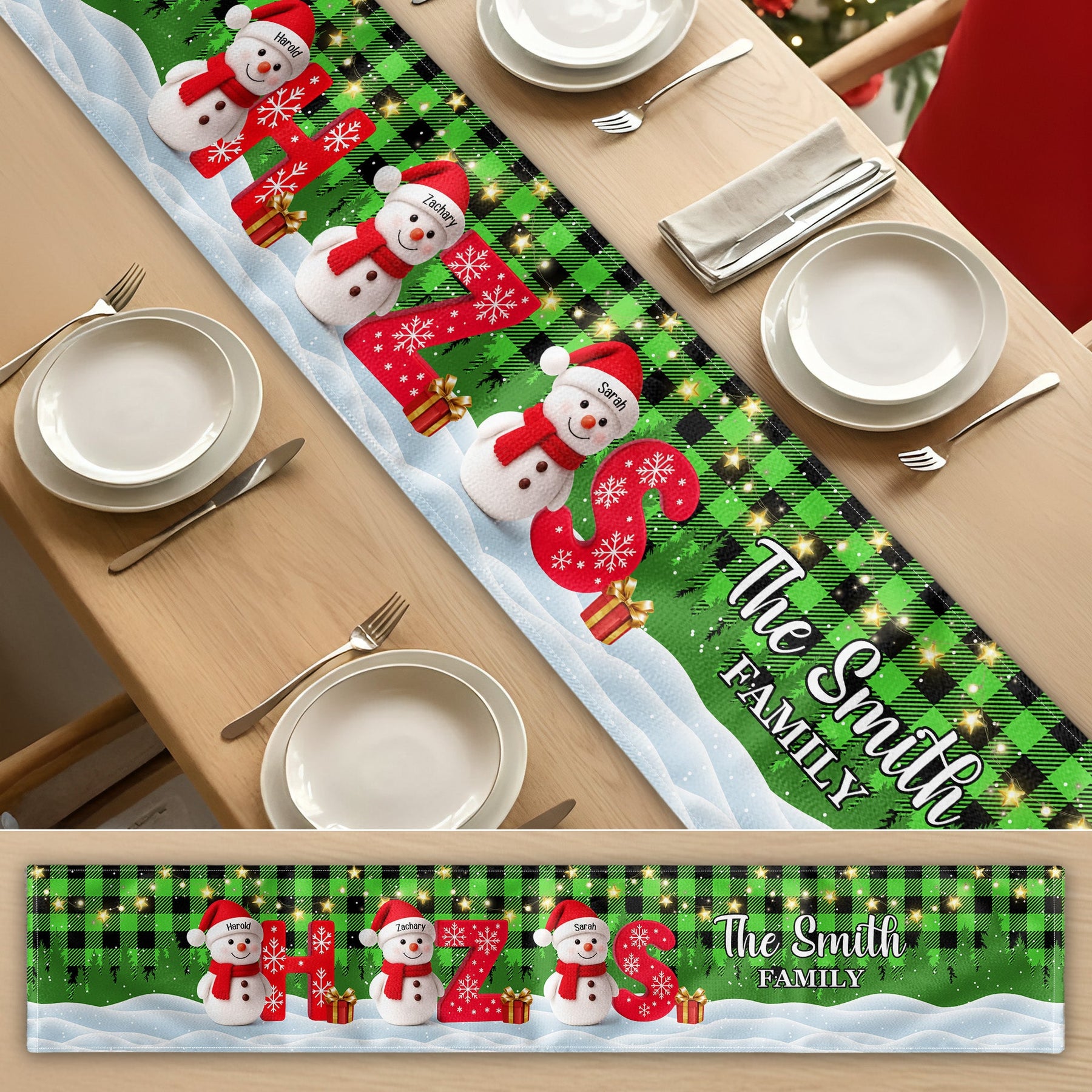 Family Snowman Initial Christmas - Personalized Table Runner
