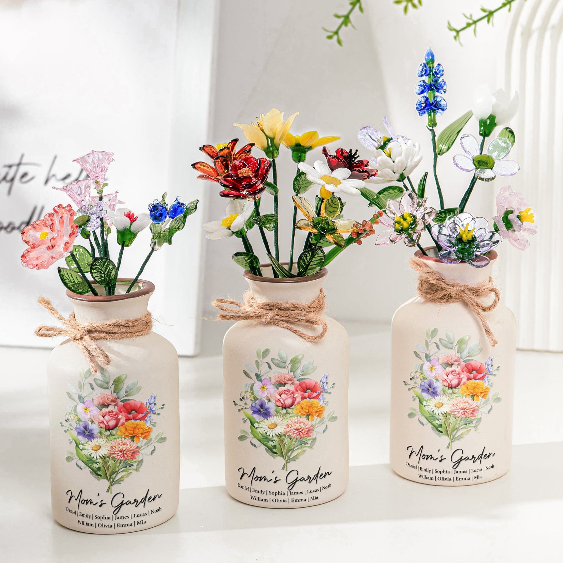 Family Birth Flower Bouquet Flowers Gift For Mom, Grandma, Family - Personalized Vase