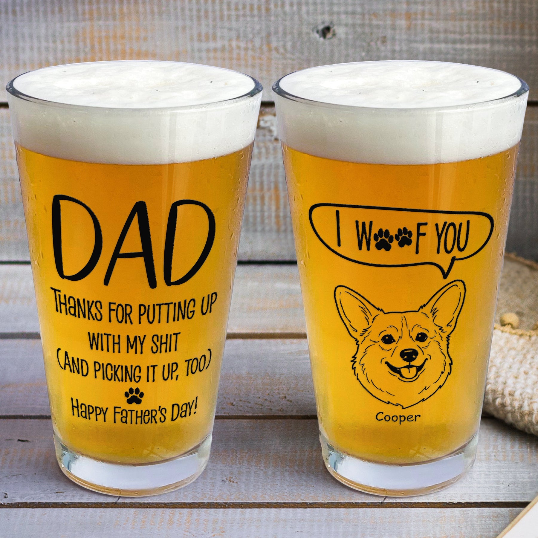 Father's Day Gifts, Thanks Dad We Woof You Pet Photo Line Art - Personalized Beer Glass