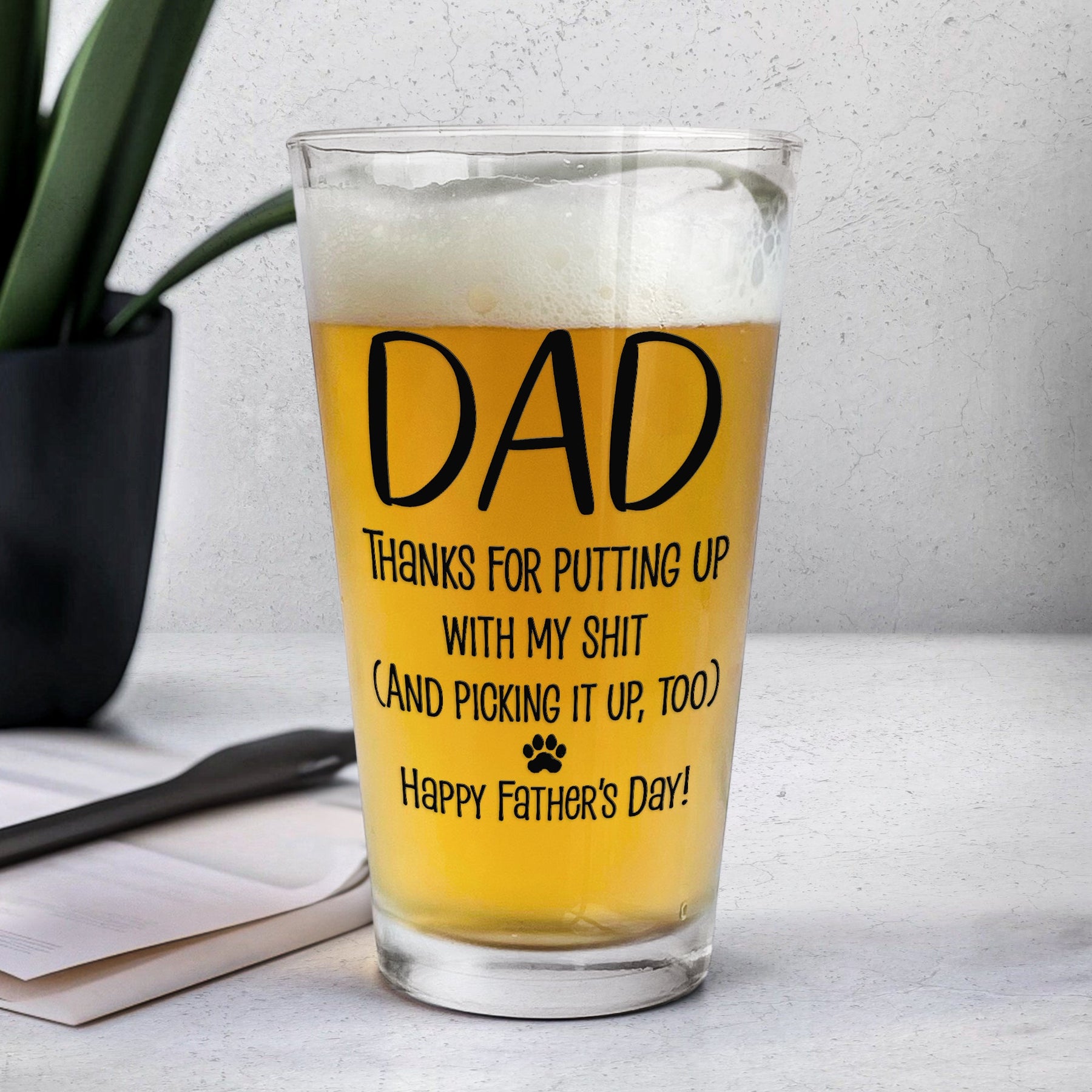 Father's Day Gifts, Thanks Dad We Woof You Pet Photo Line Art - Personalized Beer Glass