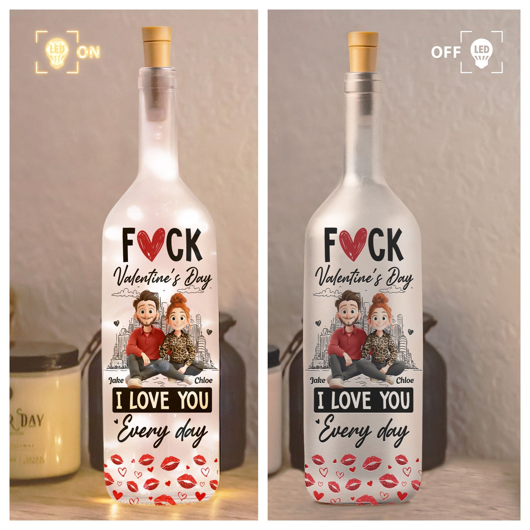 F*ck Valentine's Day I Love You Every Day 3D Couple Clipart - Personalized Bottle Lamp