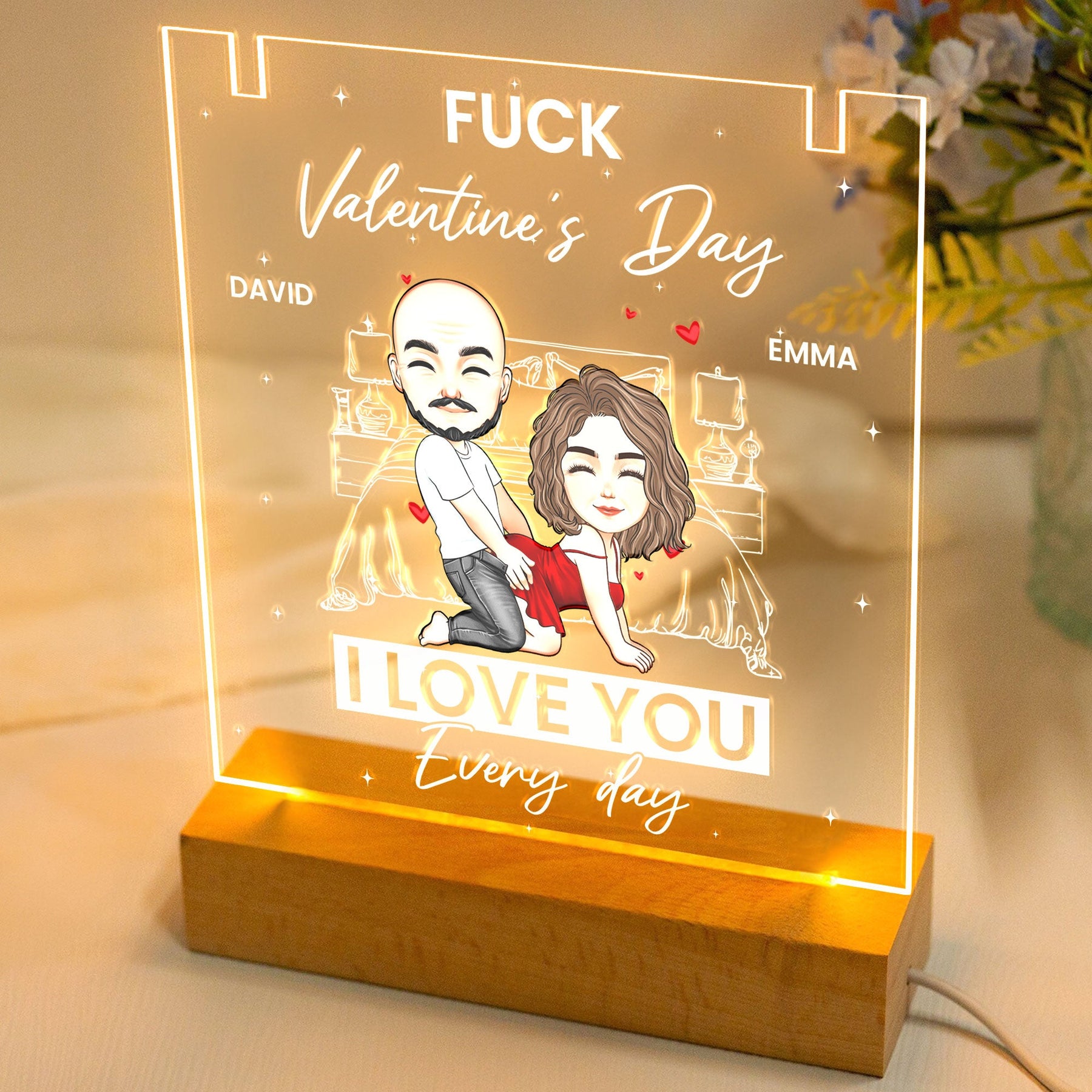 F*ck Valentine's Day I Love You Every Day - Personalized LED Light Acrylic Plaque With Couple Necklace