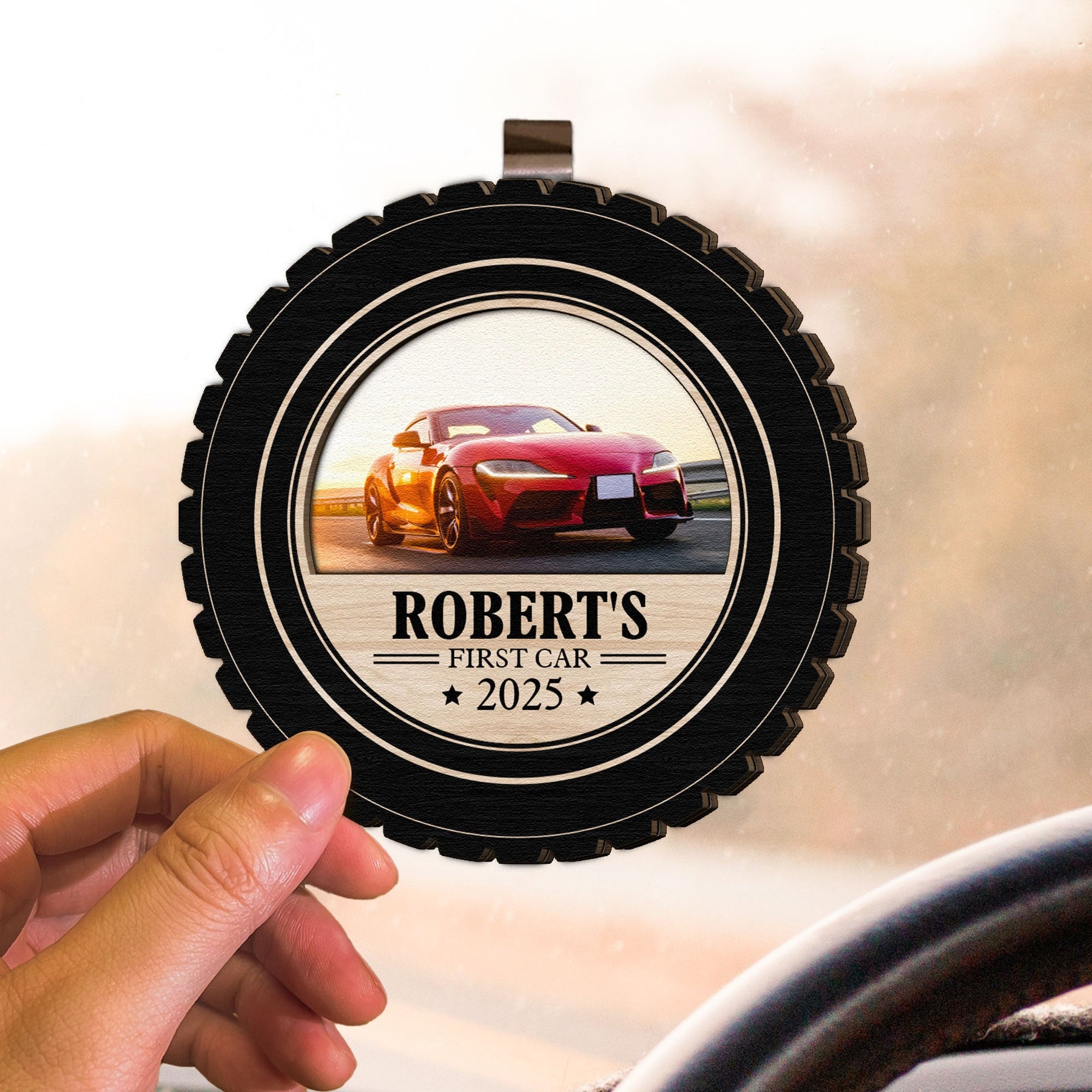 First Car Gift For Men Women New Driver - Personalized Wooden Photo Car Visor Clip