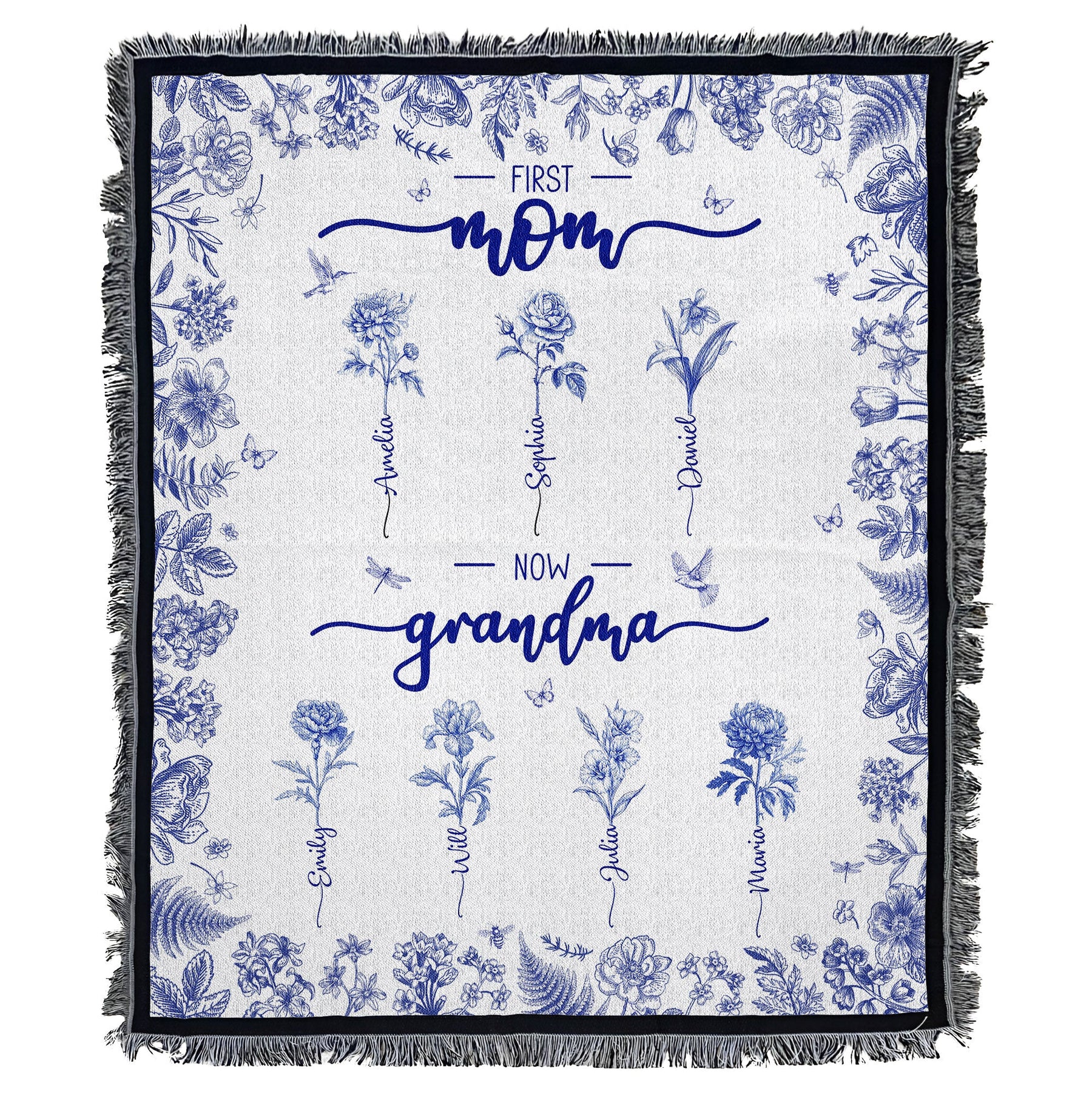 First Mom Now Grandma Custom Birth Flower Toile De Jouy - Personalized Woven Blanket