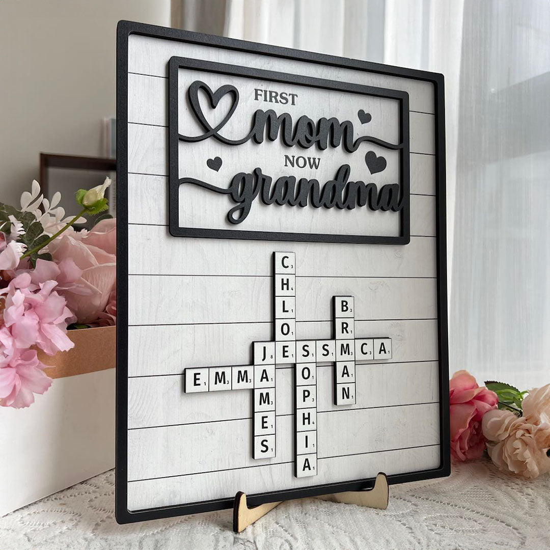 First Mom Now Grandma - Custom Kids' Names Crossword - Personalized Wooden Plaque