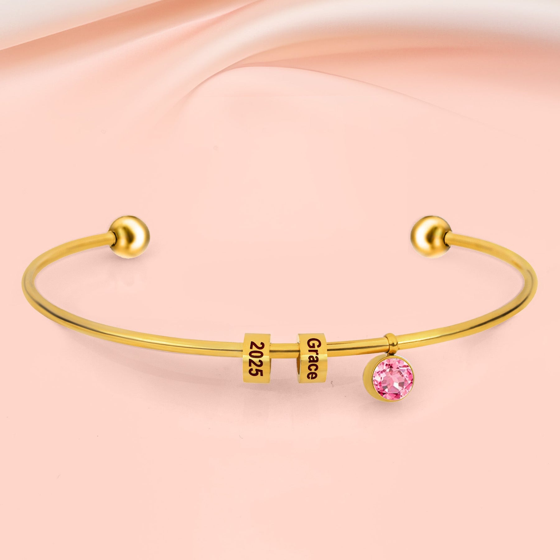 First Mother's Day Gift- Personalized Engravable Bead Name Cuff Bracelet With Birthstone