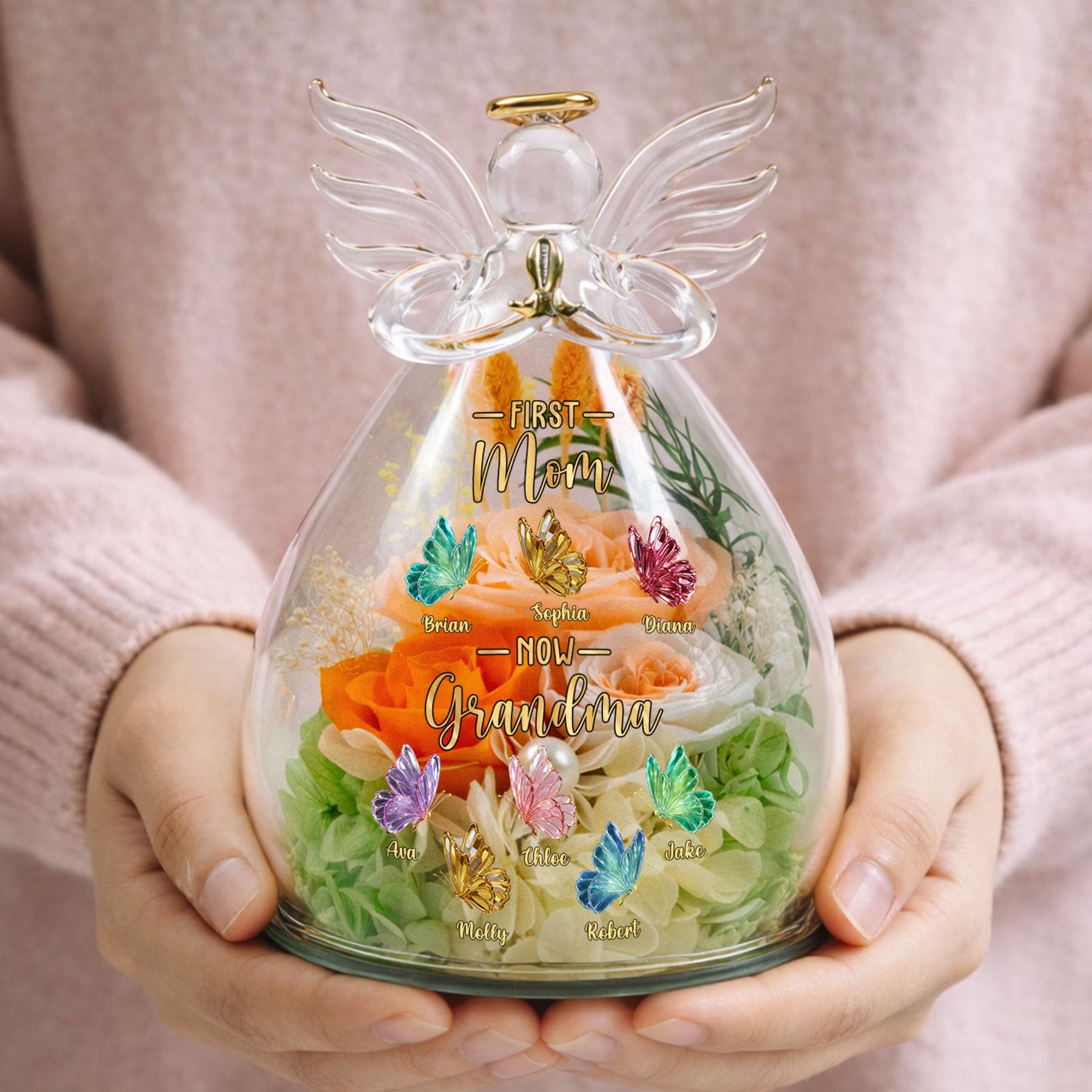 First Mom Now Grandma Gift For Mom, Grandma - Personalized Flower In Glass Angel Figurines