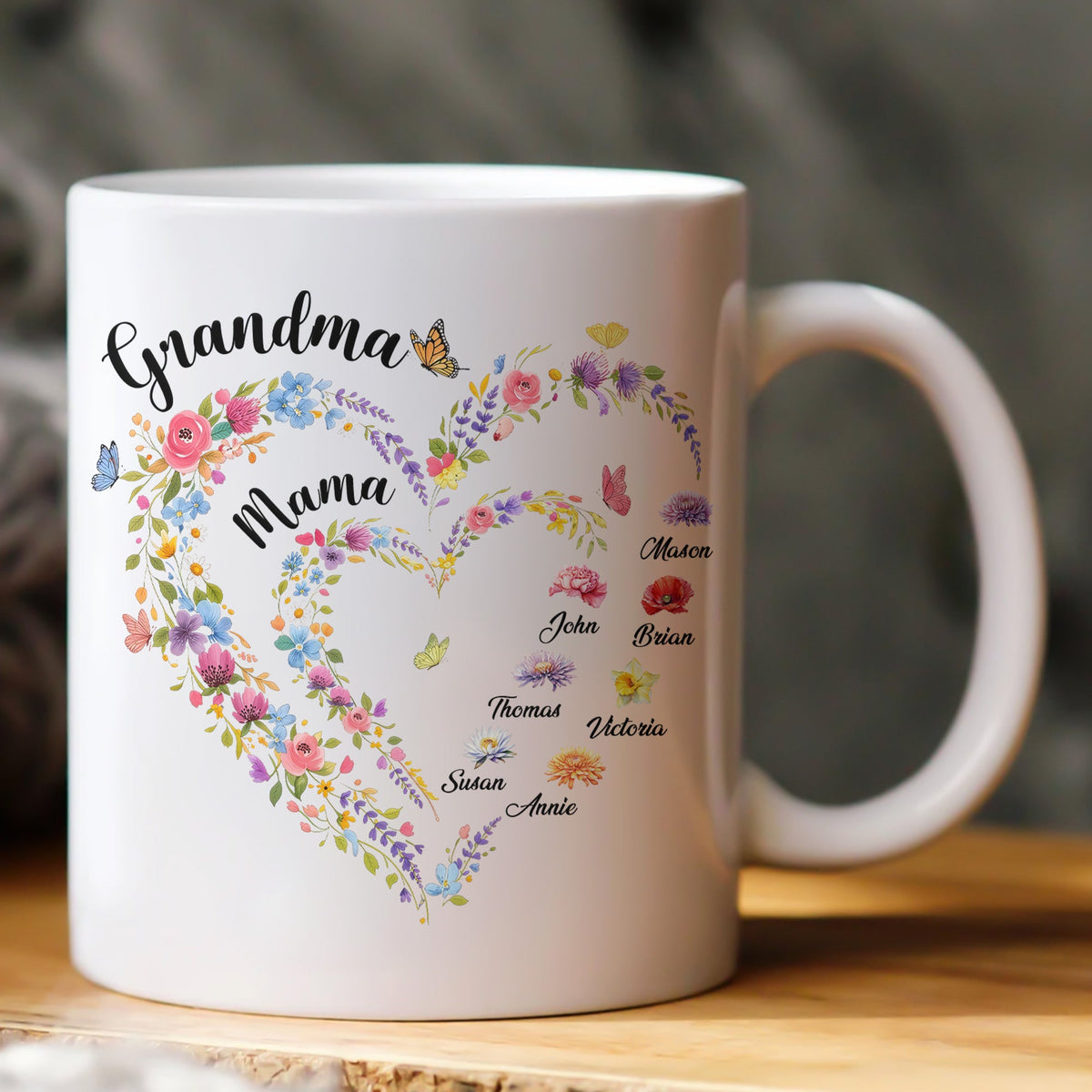 First Mom Now Grandma Heart Flower With Kids' Names & Birth Flower - Personalized Mug