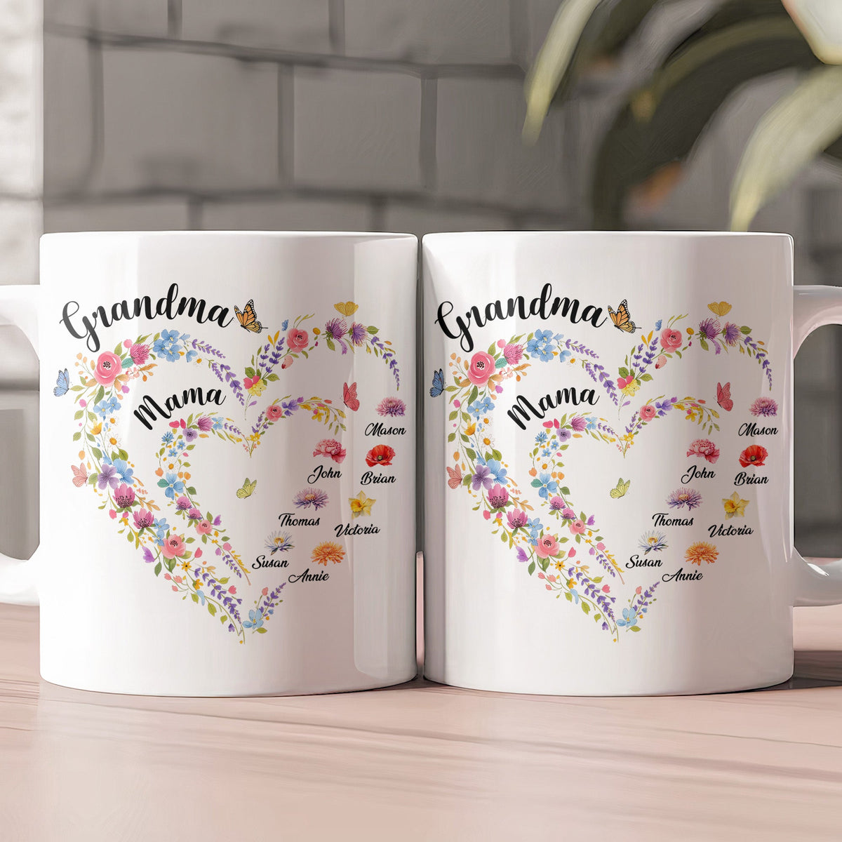 First Mom Now Grandma Heart Flower With Kids' Names & Birth Flower - Personalized Mug