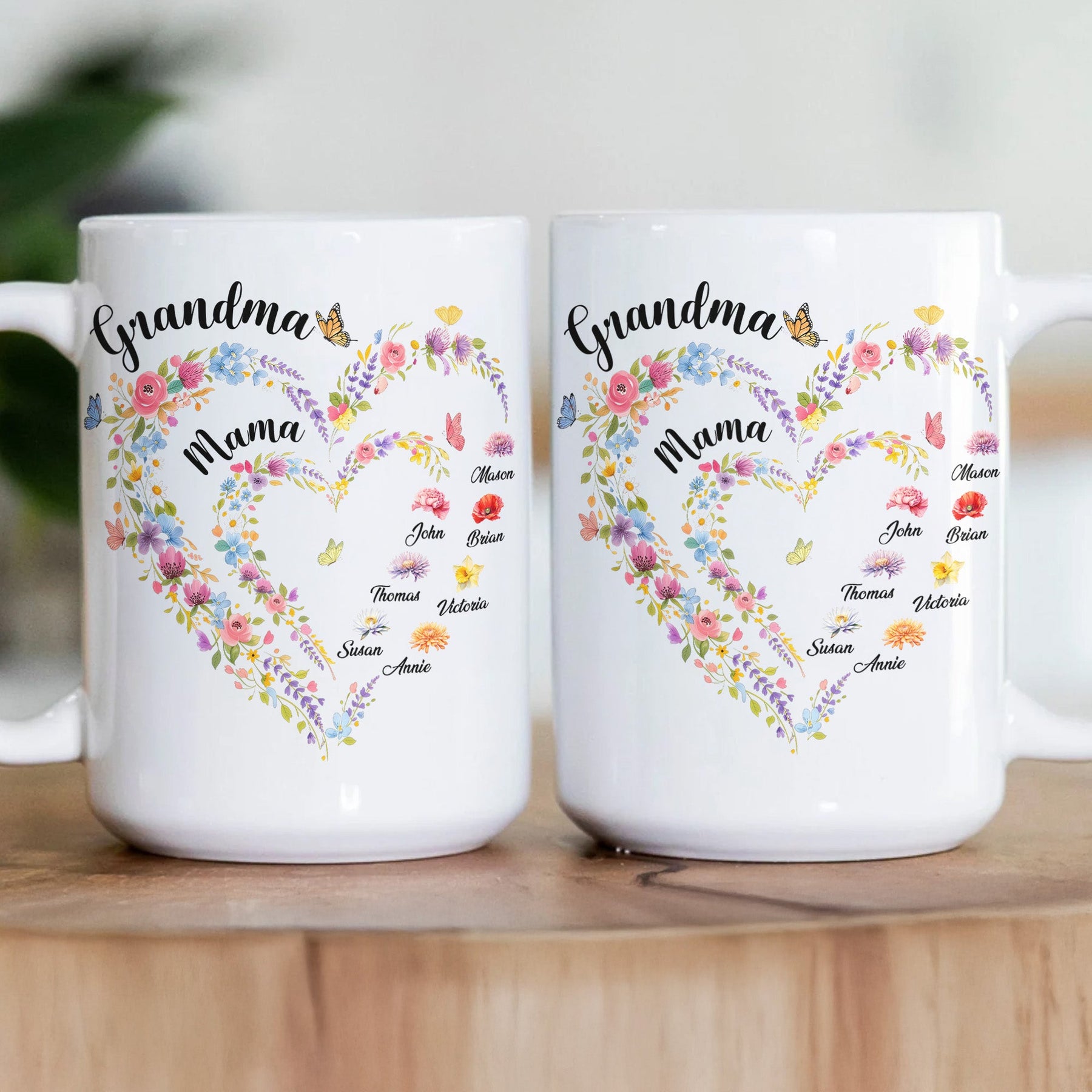 First Mom Now Grandma Heart Flower With Kids' Names & Birth Flower - Personalized Mug